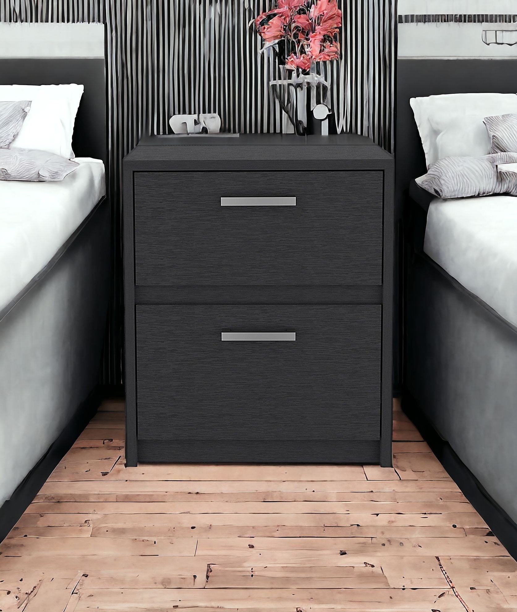 19" Black Two Drawer Faux Wood Nightstand