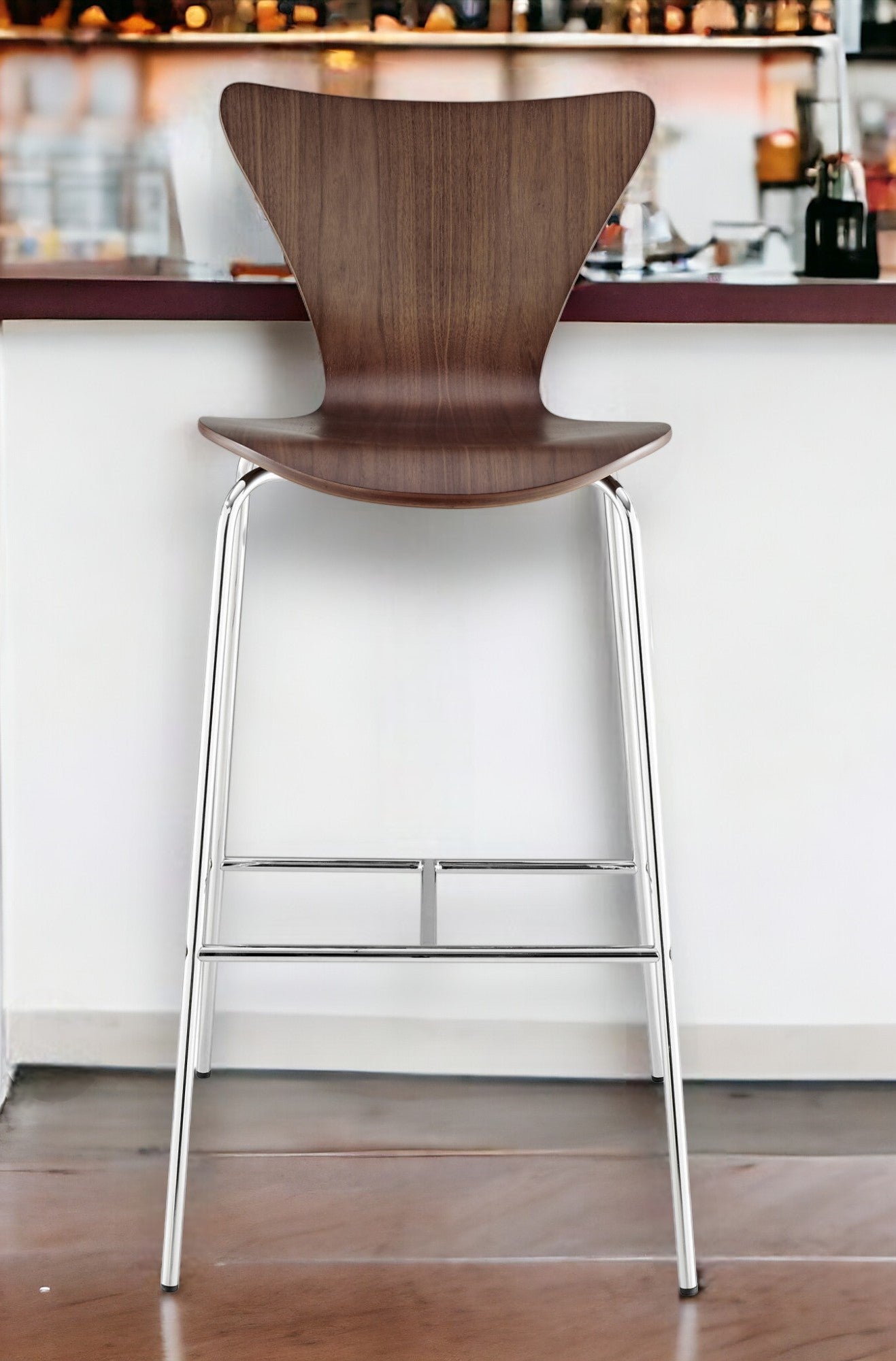 30" Brown And Silver Metallic Stainless Steel Bar Chair