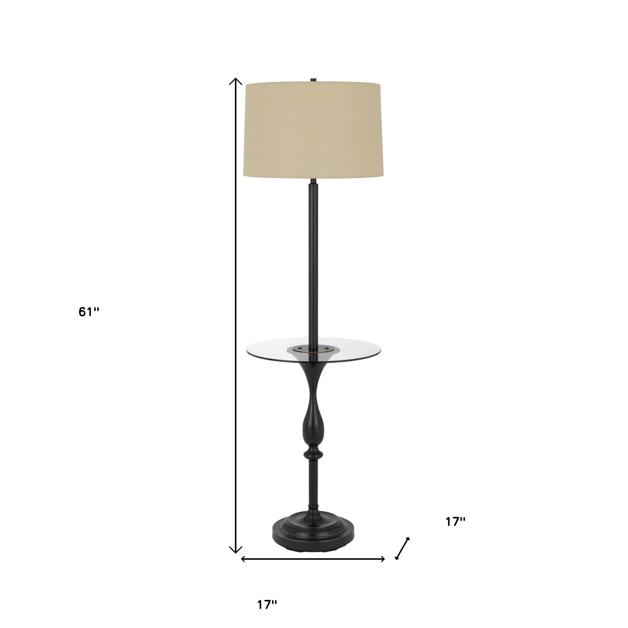 61" Bronze Tray Table Floor Lamp With Tan Transparent Glass Square Shade