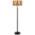 60" Bronze Two Light Traditional Shaped Floor Lamp With Red and Ivory Abstract Tiffany Glass Drum Shade