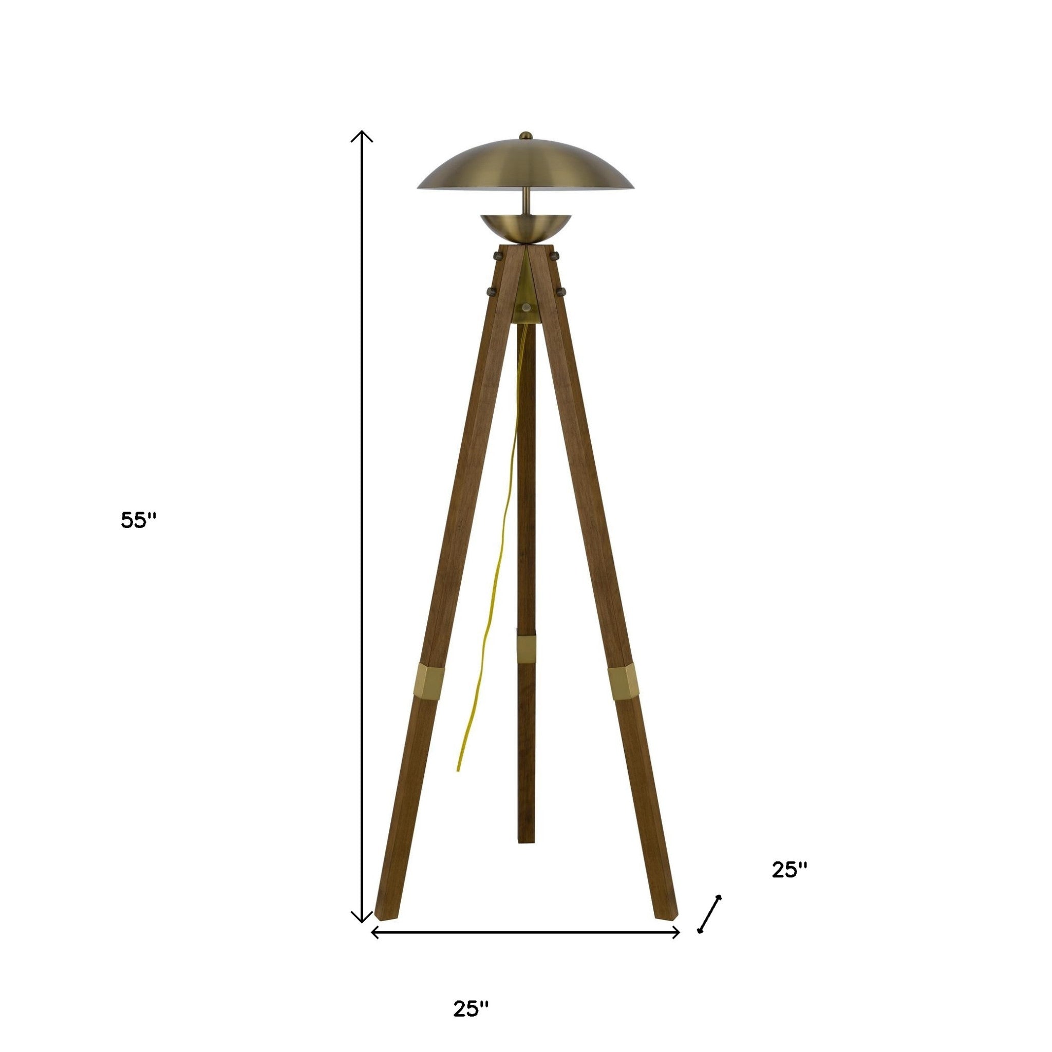 55" Brass Tripod Floor Lamp With Antiqued Brass Dome Shade