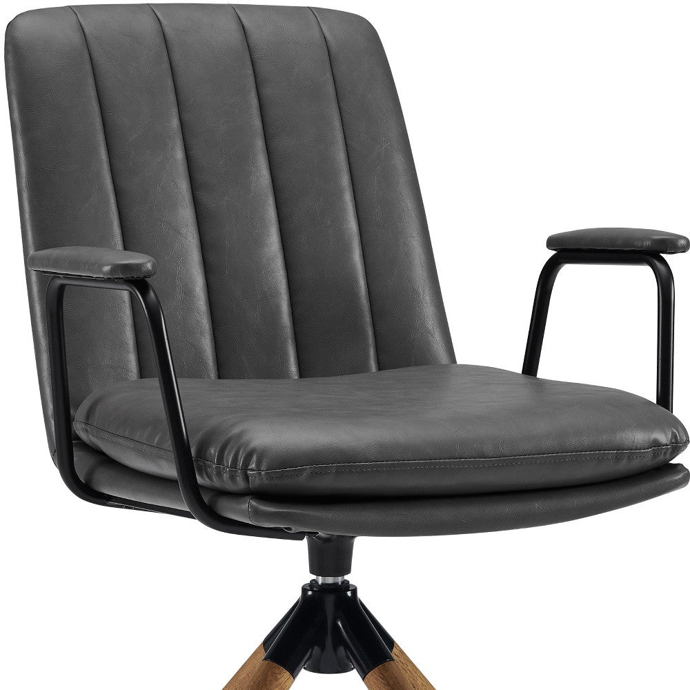 23" Charcoal and Natural Faux Leather Swivel Arm Chair