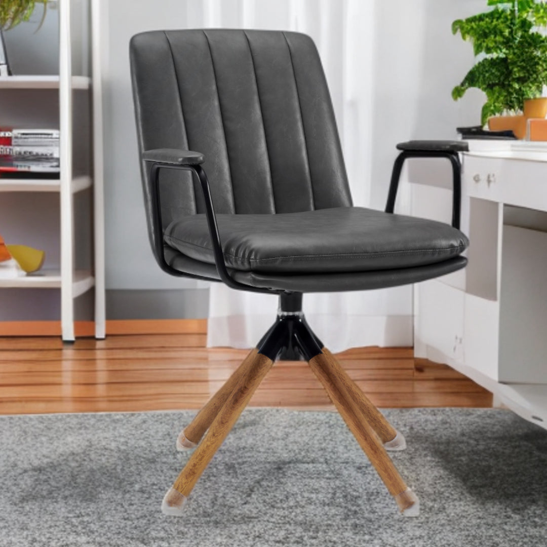 23" Charcoal and Natural Faux Leather Swivel Arm Chair