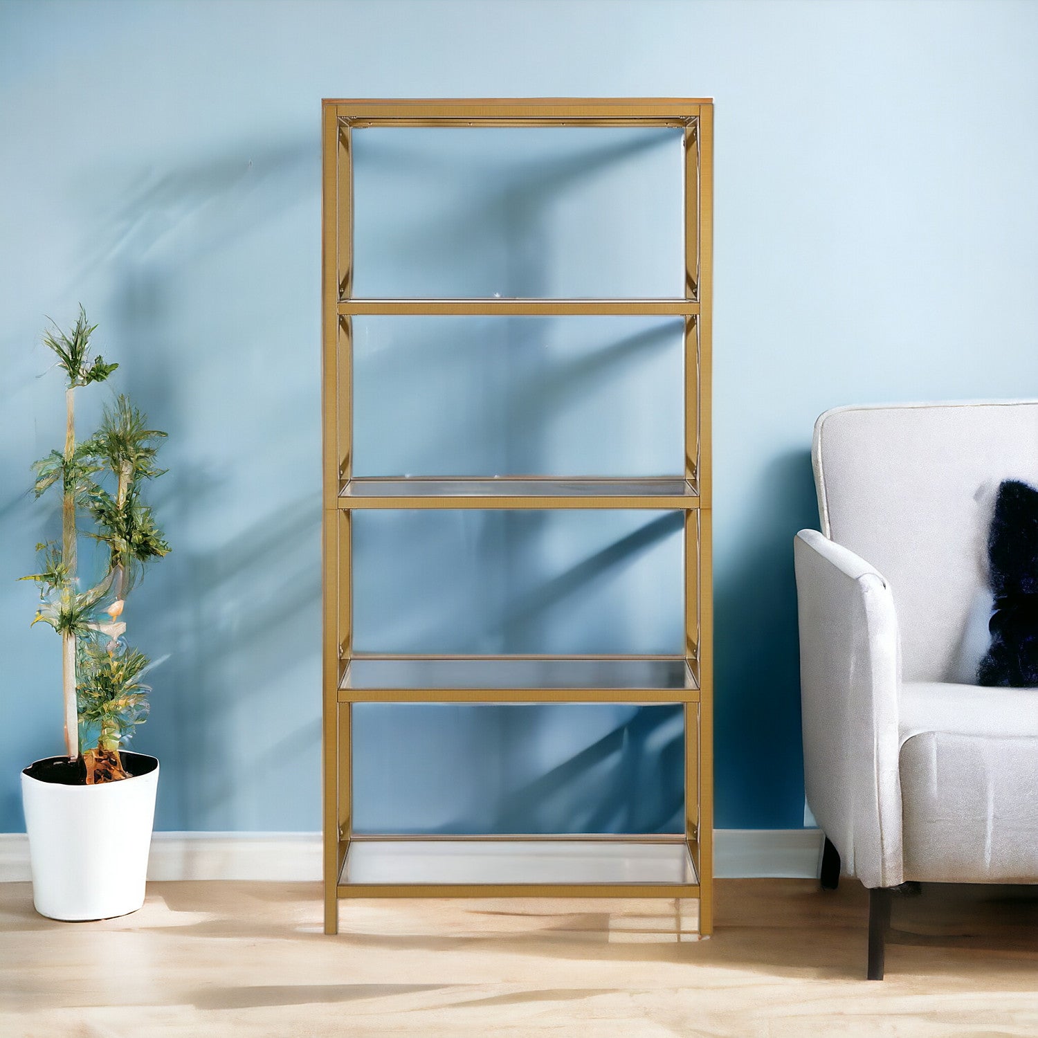 66" Gold Metal and Glass Five Tier Etagere Bookcase