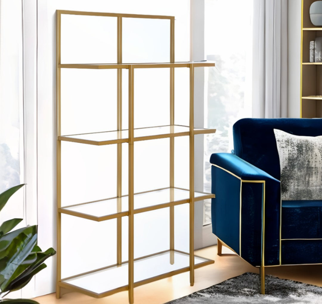 62" Gold Metal And Glass Four Tier Etagere Bookcase