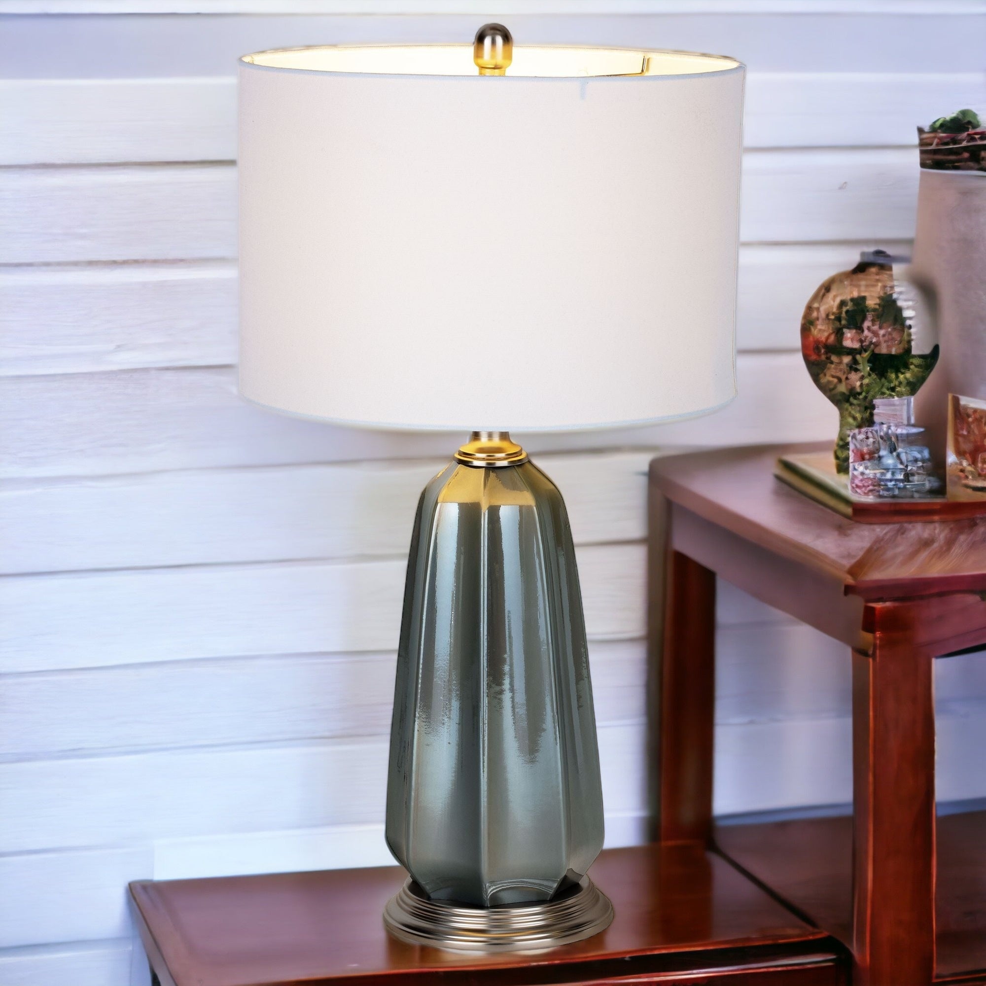 28" Blue Gray Ceramic LED Table Lamp With White Drum Shade