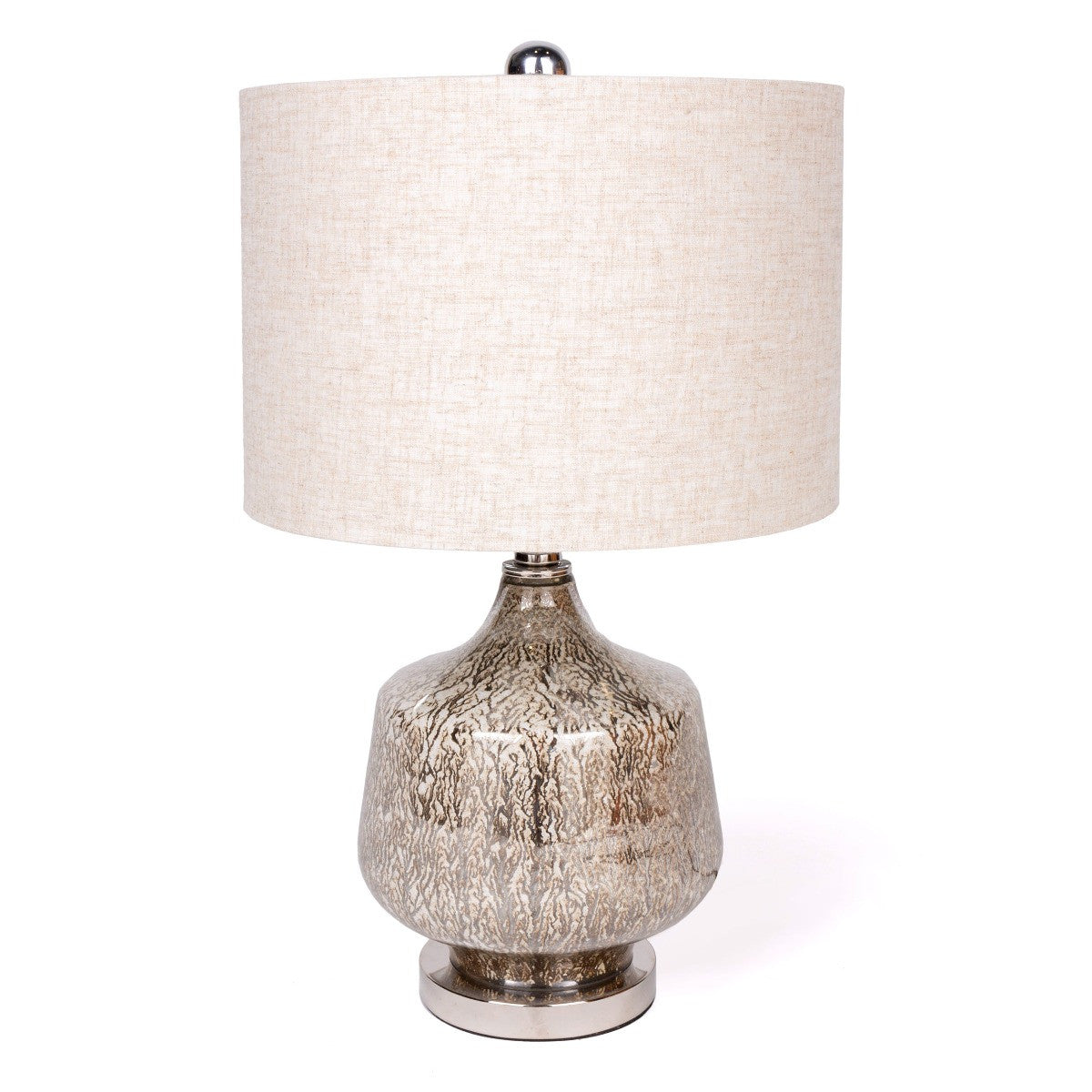 21" Silver Metallic Glass LED Table Lamp With Beige Drum Shade