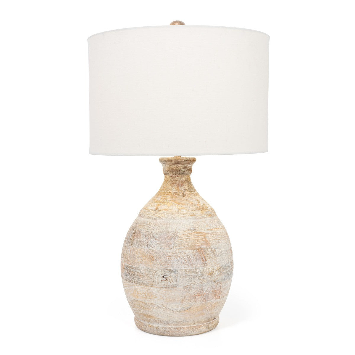 27" Blanched Almond Solid Wood LED Table Lamp With White Drum Shade