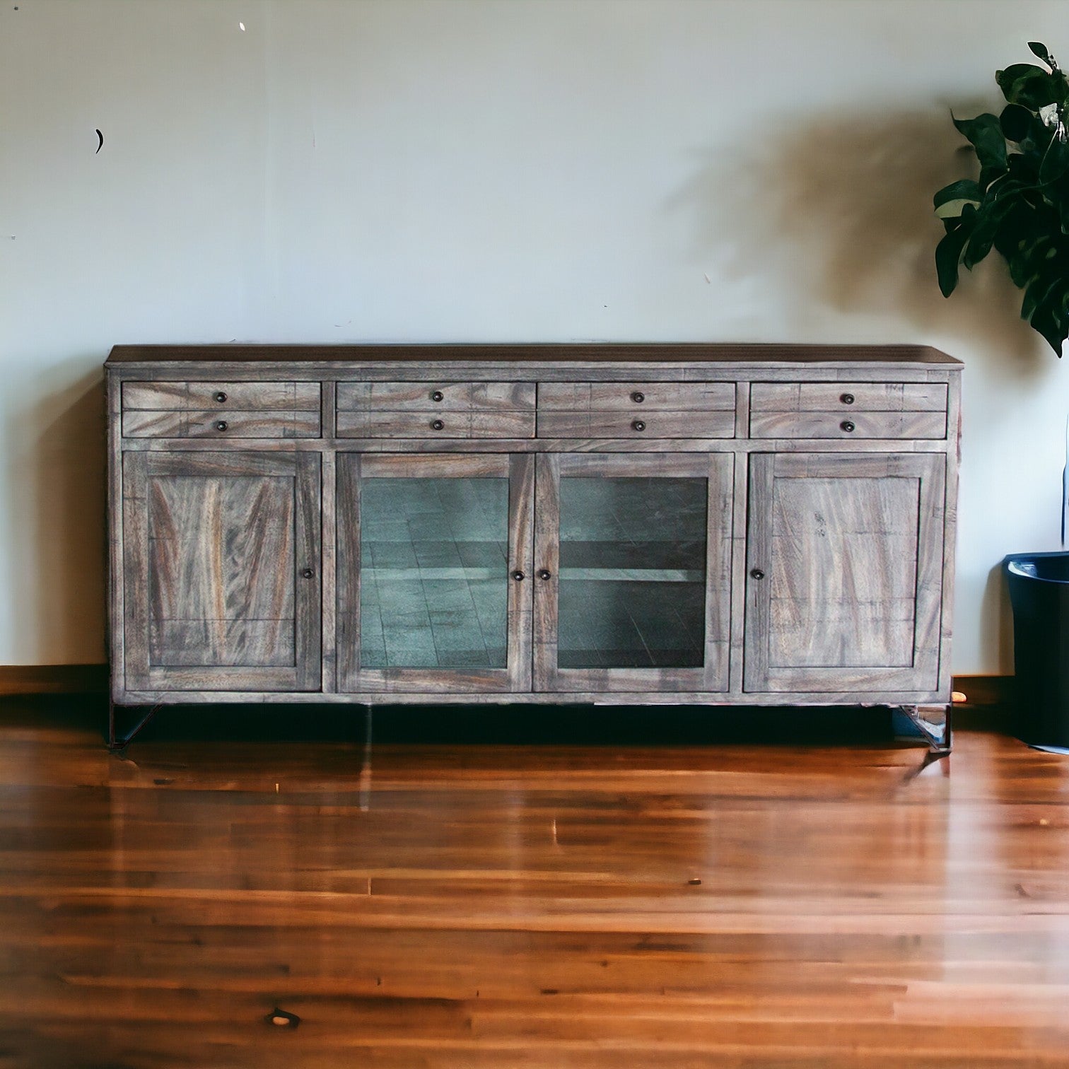 80" Gray Solid Wood Cabinet Enclosed Storage Distressed TV Stand