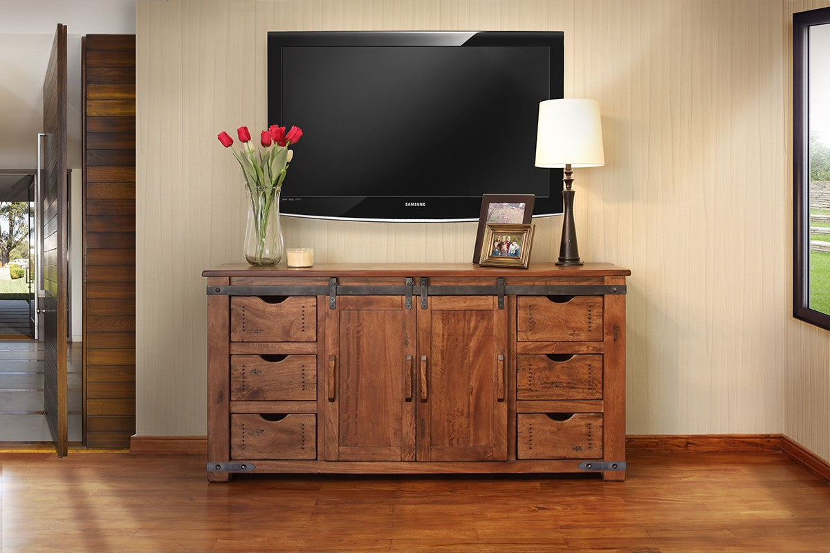 70" Brown Solid Wood Enclosed Storage Distressed TV Stand