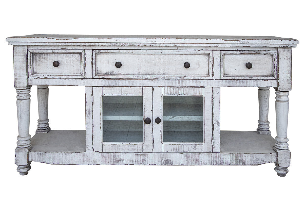 70" White Solid Wood Open shelving Distressed TV Stand