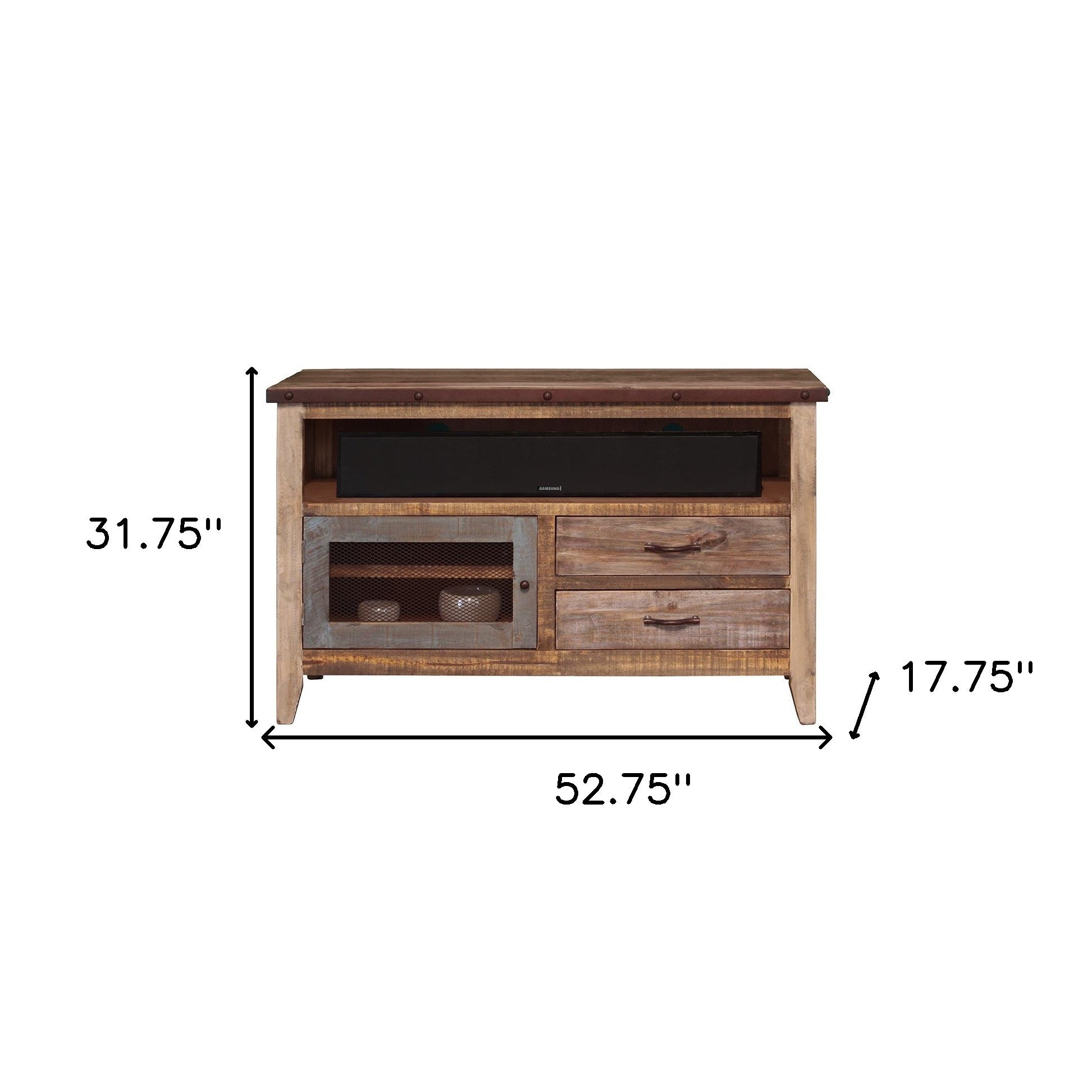 53" Brown Solid Wood Cabinet Enclosed Storage Distressed TV Stand