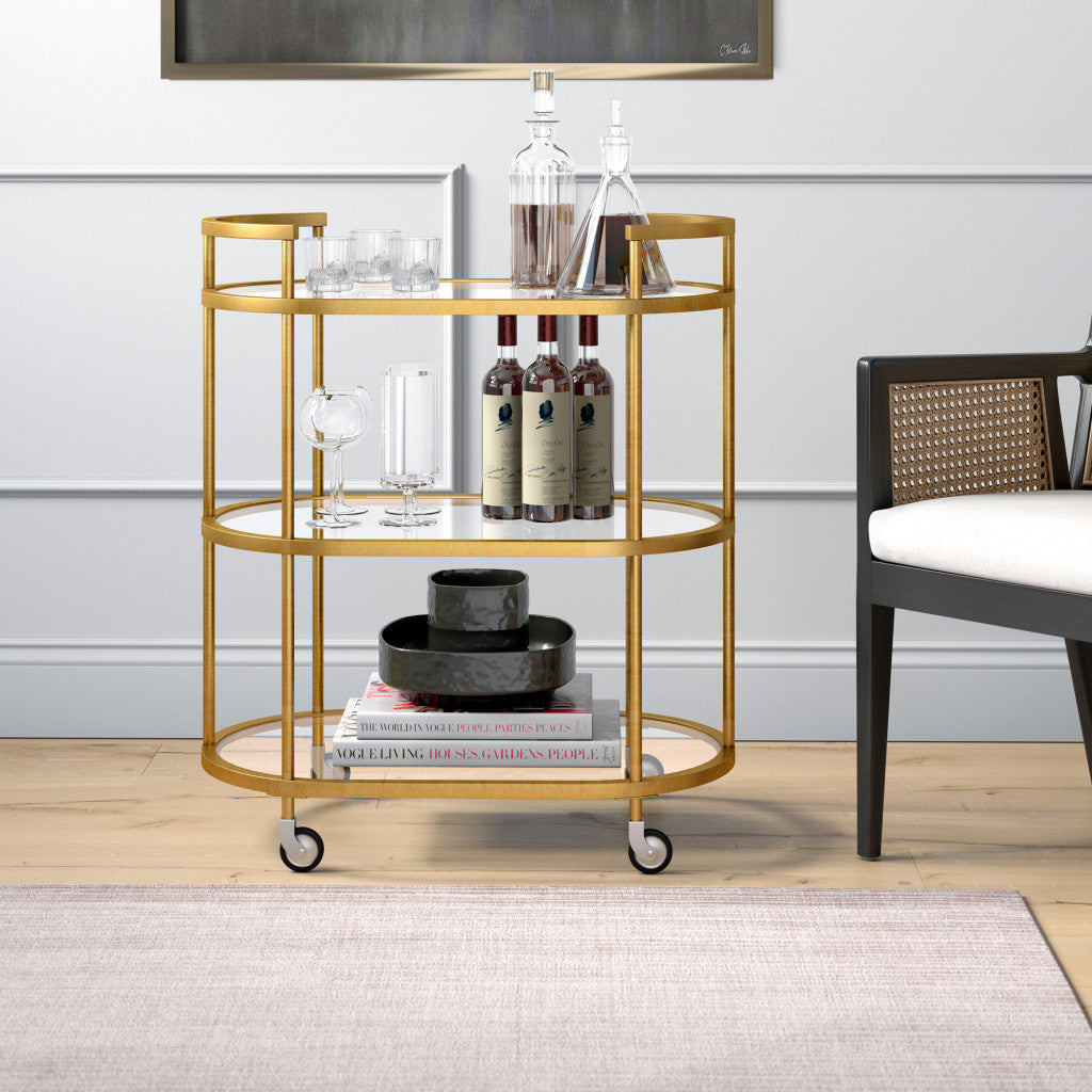 Brass Steel And Glass Oval Rolling Bar Cart
