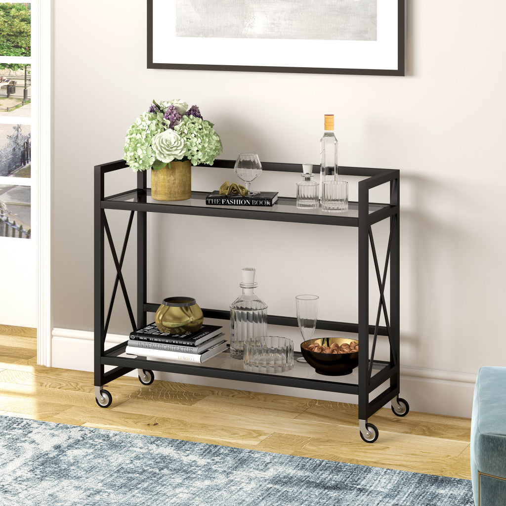 Black Steel And Glass Rolling Bar Cart