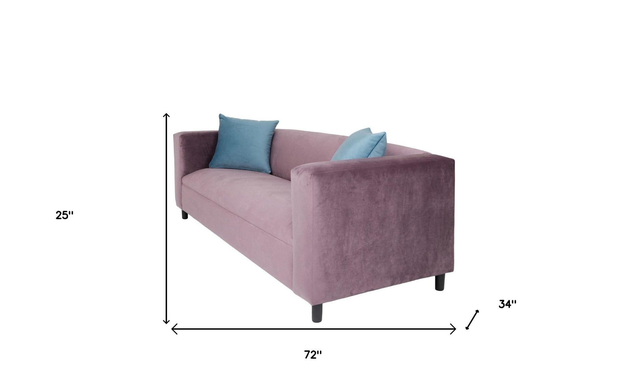 72" Lavender Velvet Sofa And Toss Pillows With Black Legs