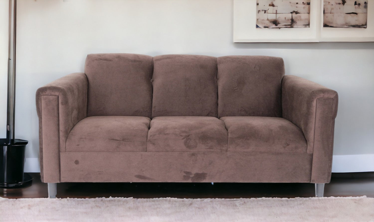 72" Dark Brown Suede Sofa With Black Legs