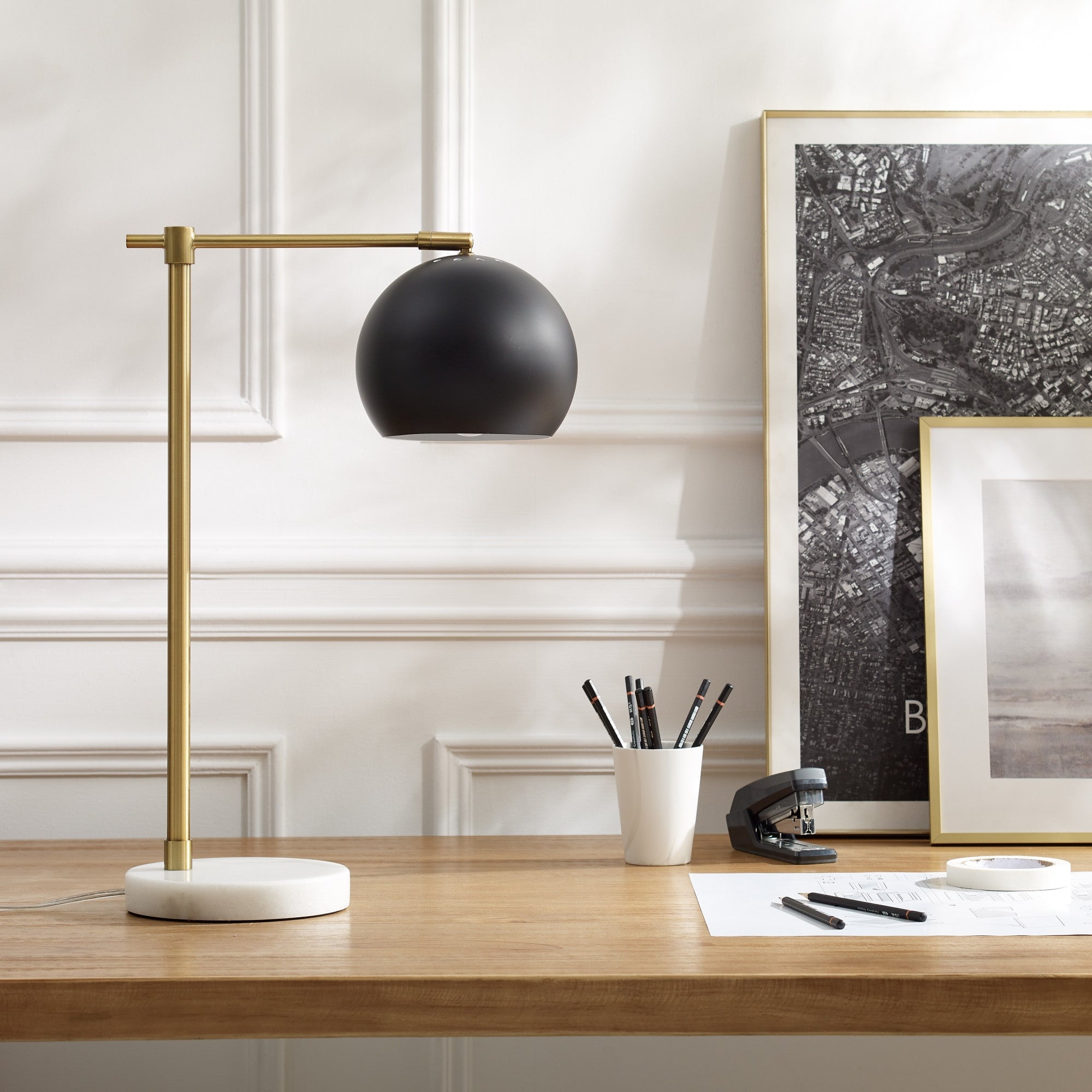 22" Brass Iron Desk Table Lamp With Brass Dome Shade