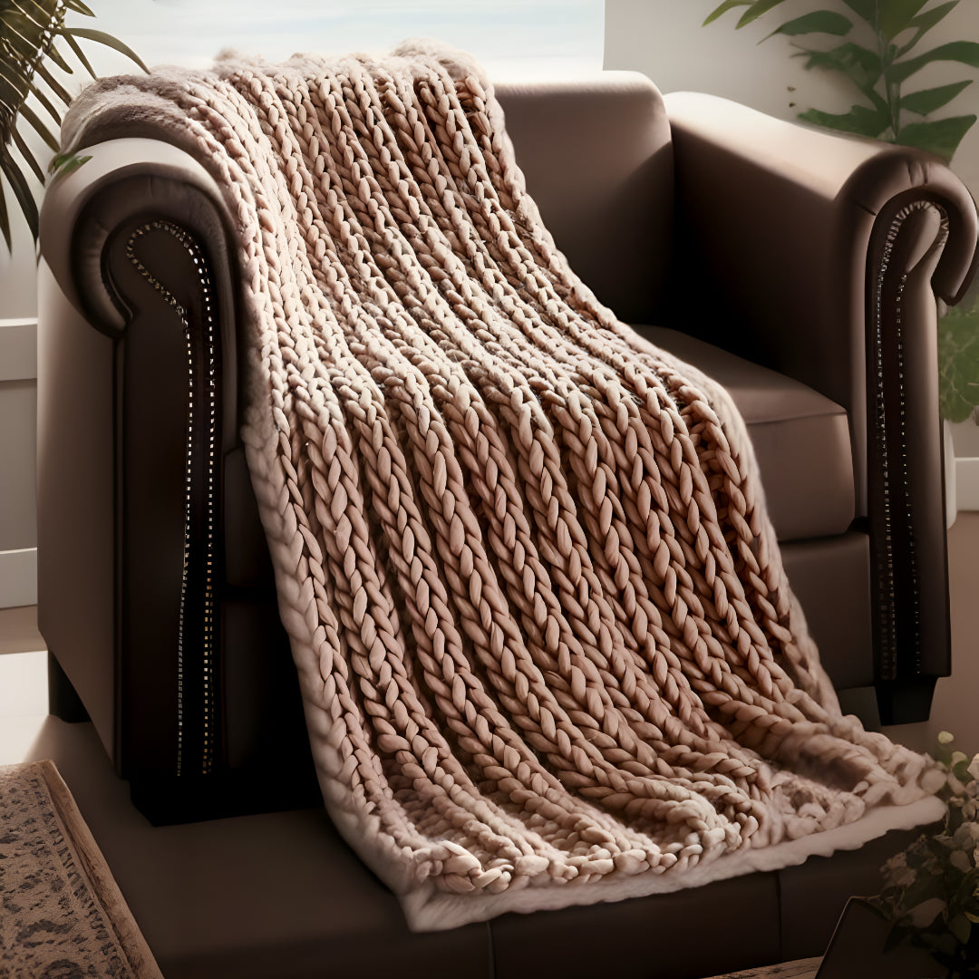 Cream Knitted Polyester Solid Color Throw Blanket