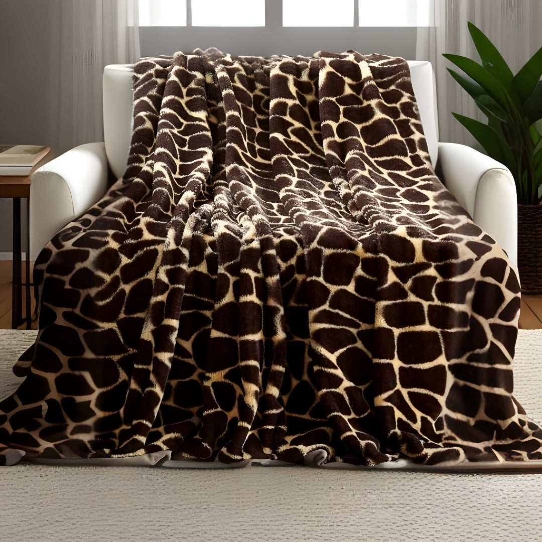 Beige and Ivory Knitted PolYester Animal Print Plush Throw Blanket