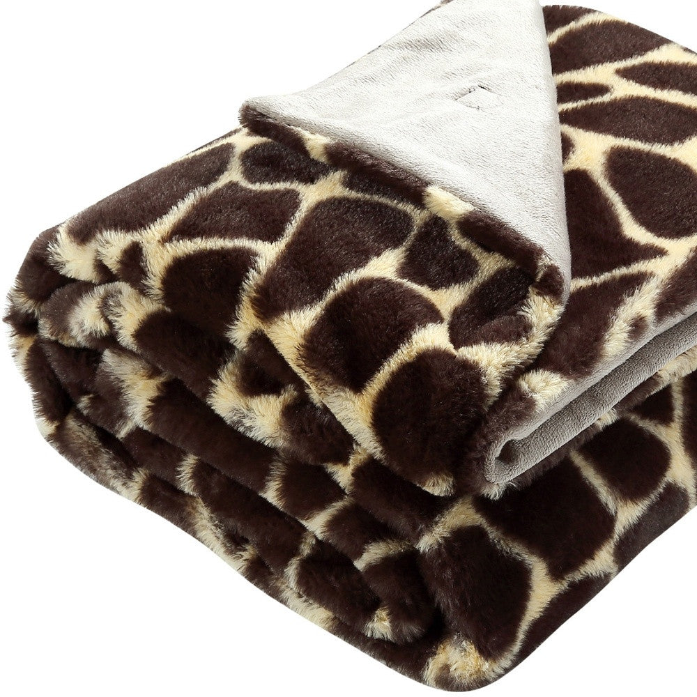 Beige and Ivory Knitted PolYester Animal Print Plush Throw Blanket