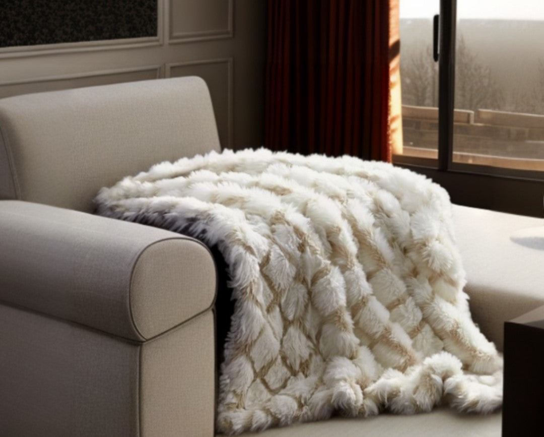 Beige Knitted Acrylic Geometric Throw Blanket