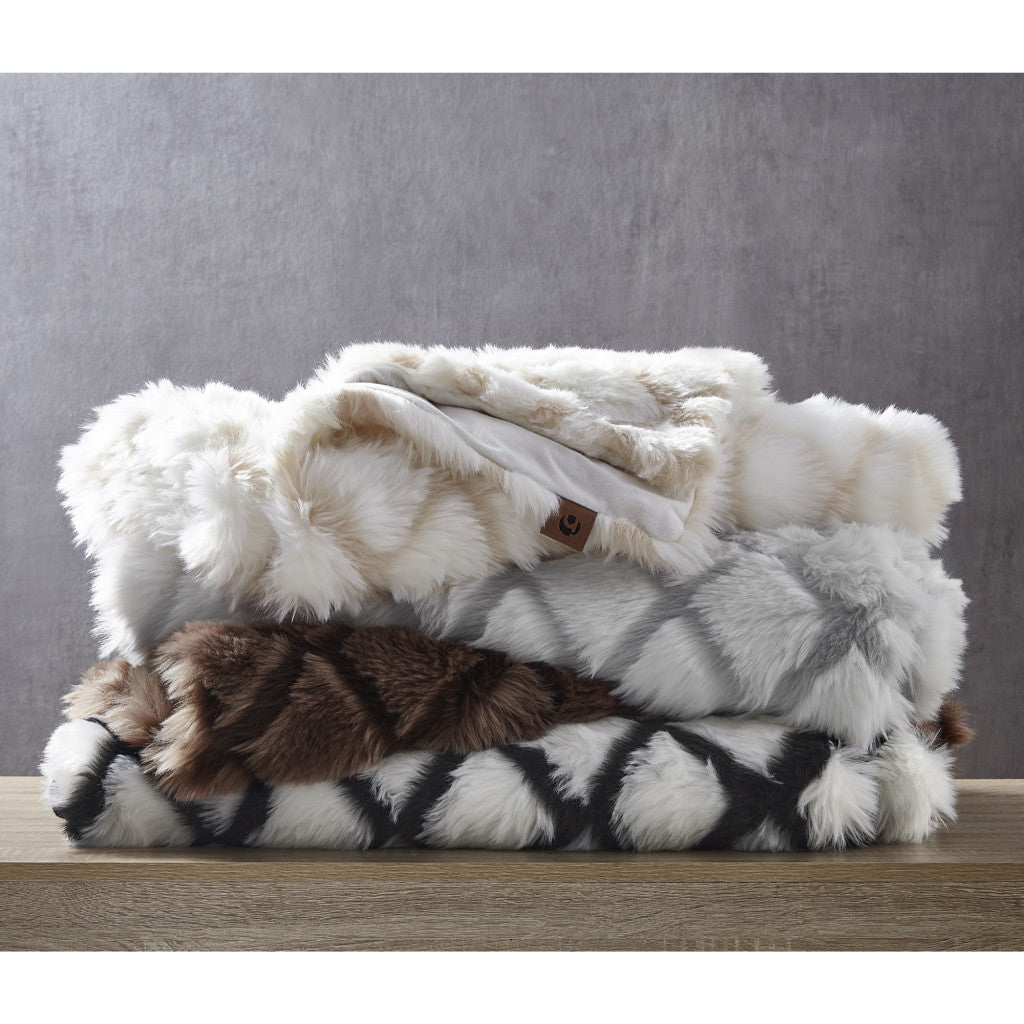 Beige Knitted Acrylic Geometric Throw Blanket