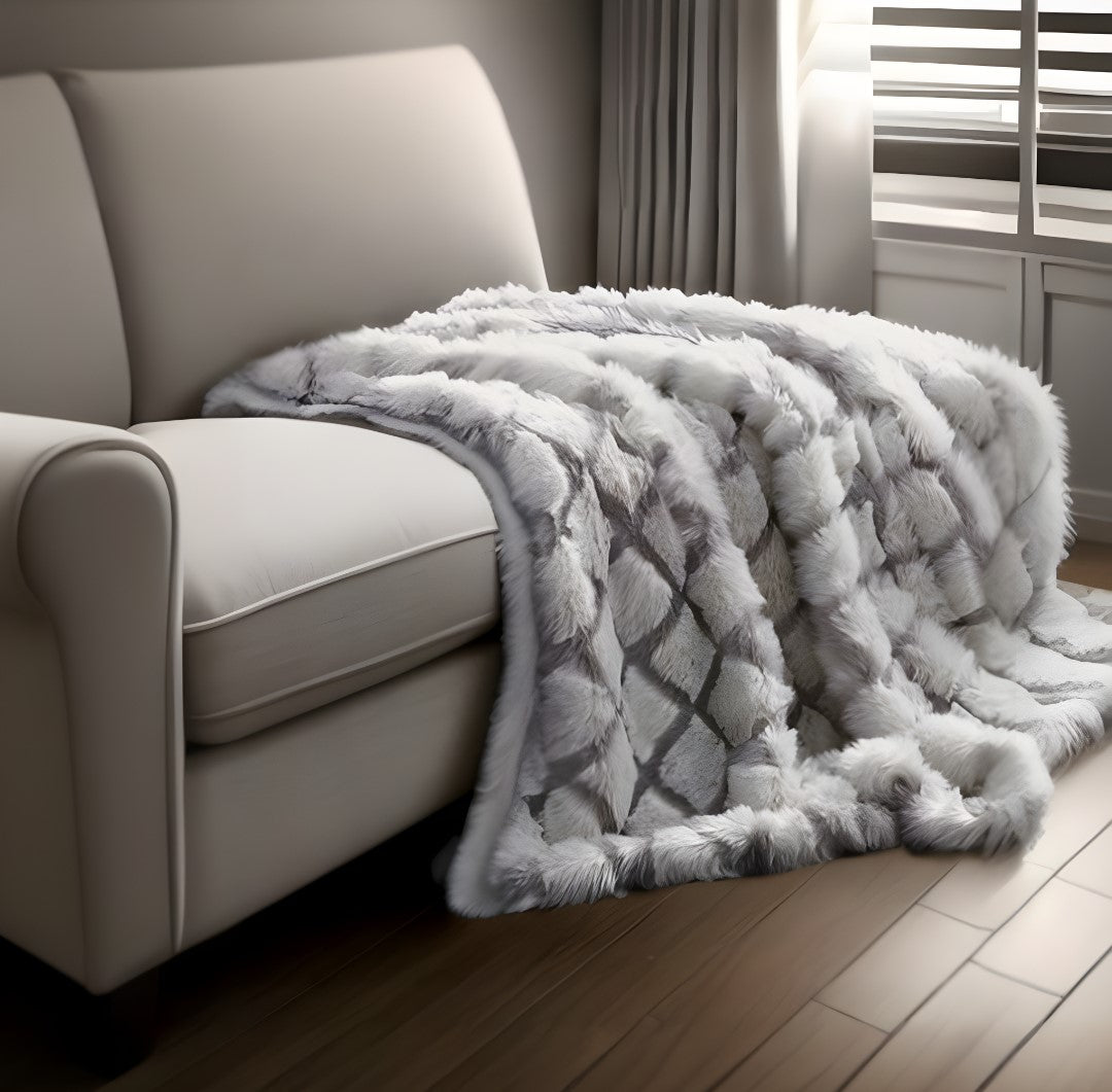 Beige Knitted Acrylic Geometric Throw Blanket