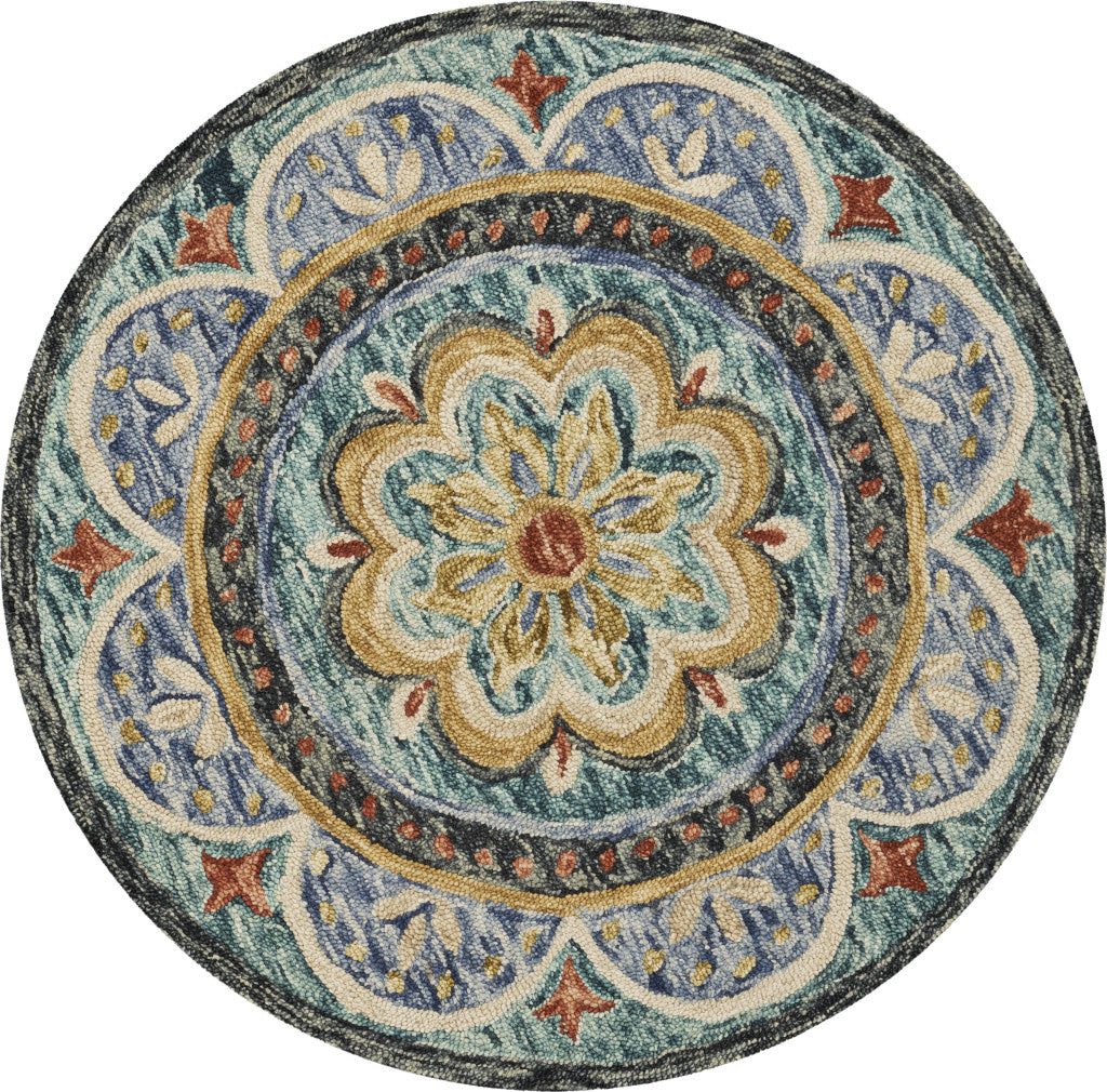 4' Blue Round Wool Floral Hand Tufted Area Rug