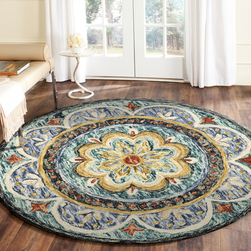 4' Blue Round Wool Floral Hand Tufted Area Rug