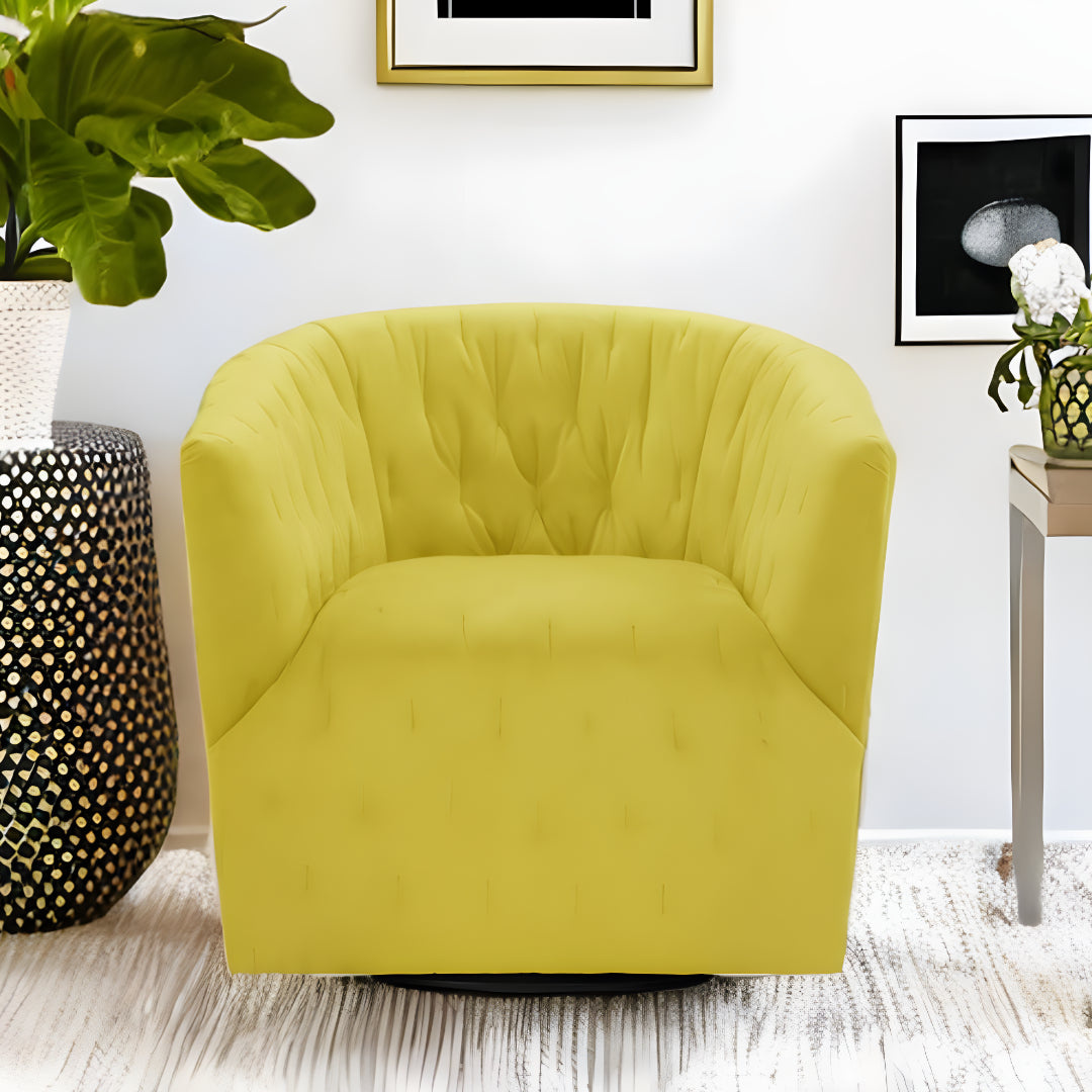 31" Yellow And Black Velvet Tufted Swivel Barrel Chair