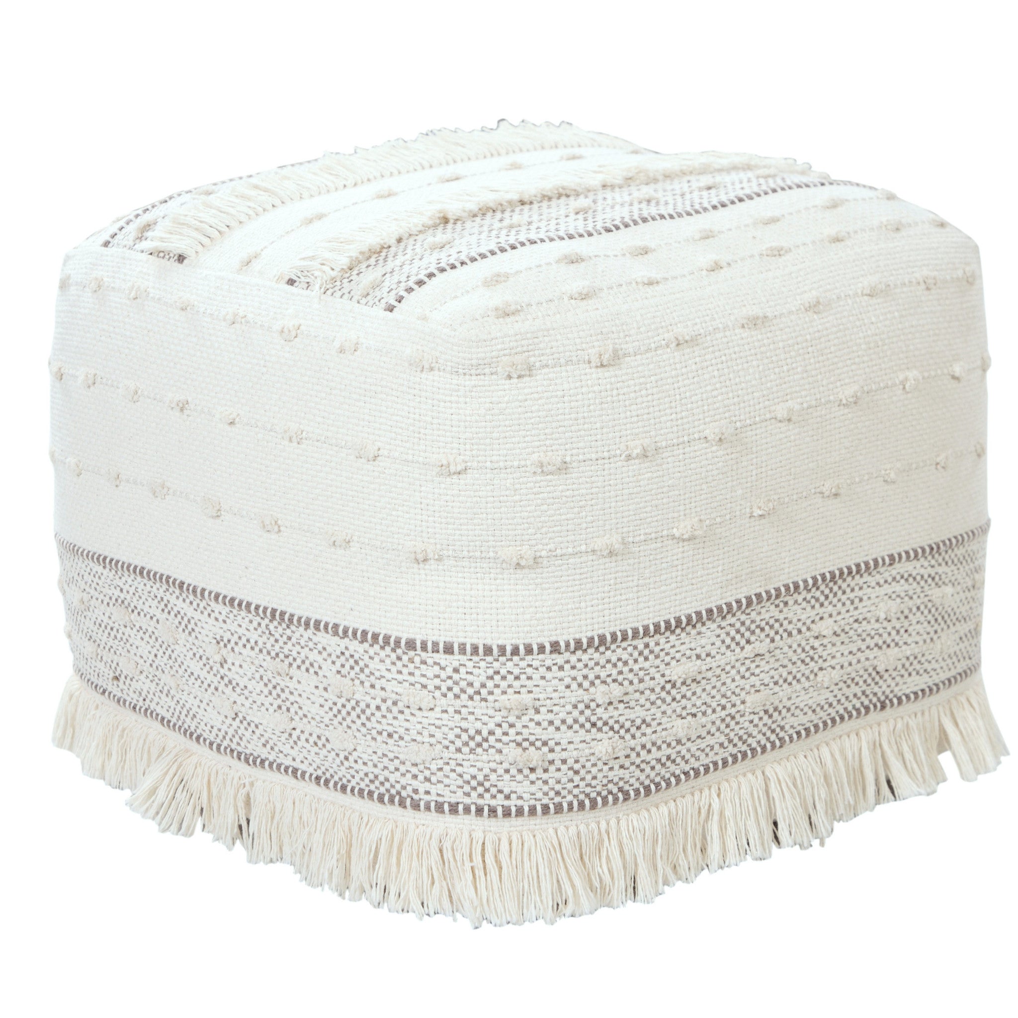 18" Cream Cotton Striped Pouf Ottoman