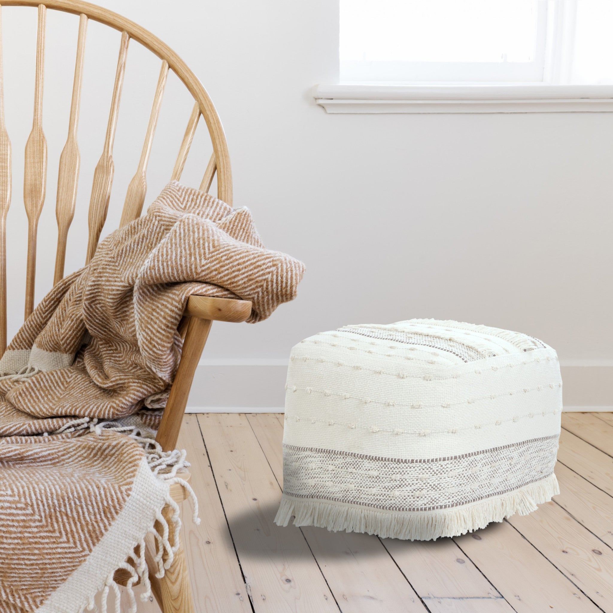 18" Cream Cotton Striped Pouf Ottoman