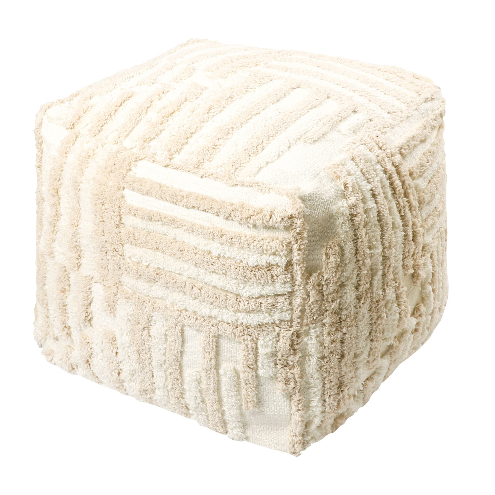 18" Beige Cotton Cube Striped Pouf Ottoman