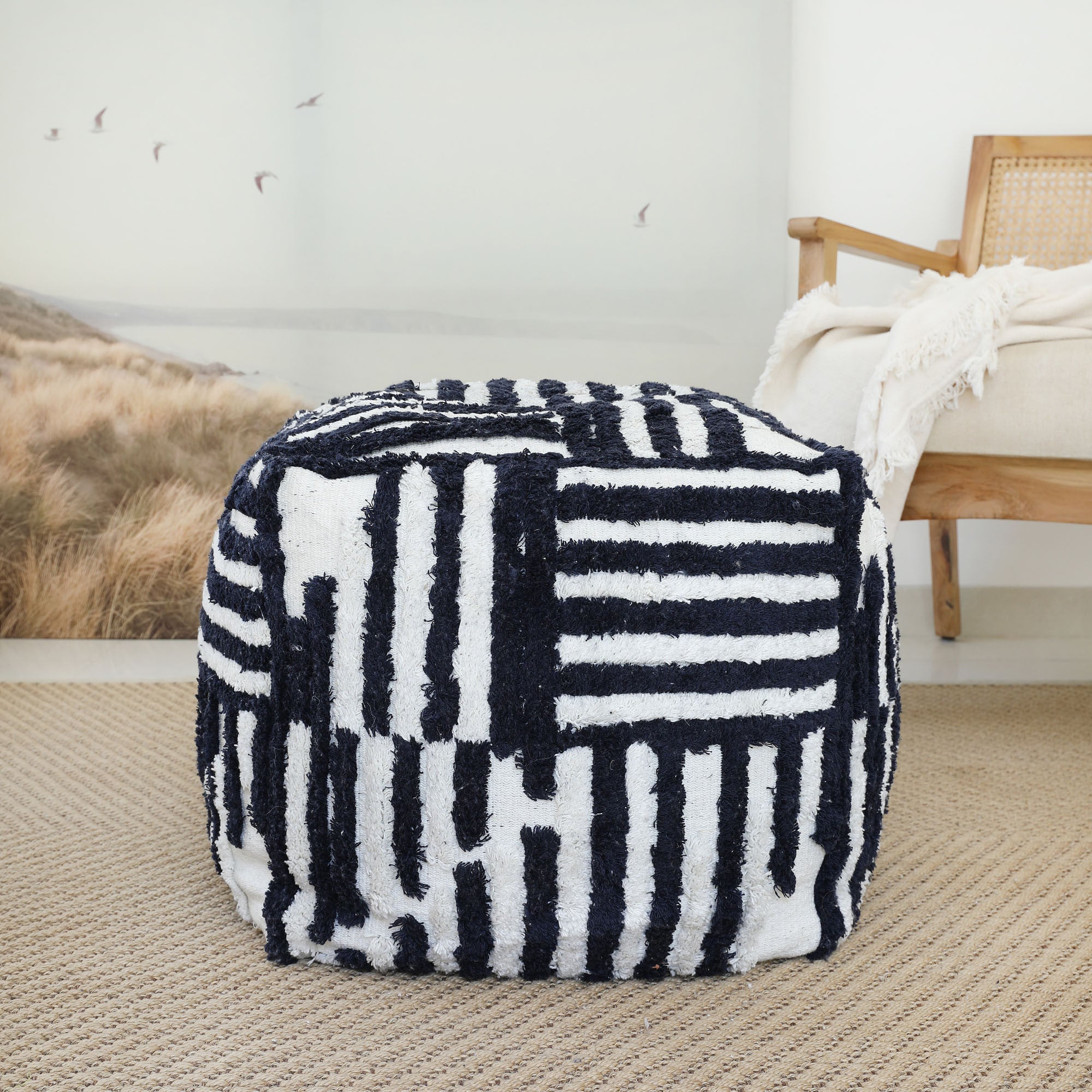 18" Blue Cotton Cube Striped Pouf Ottoman