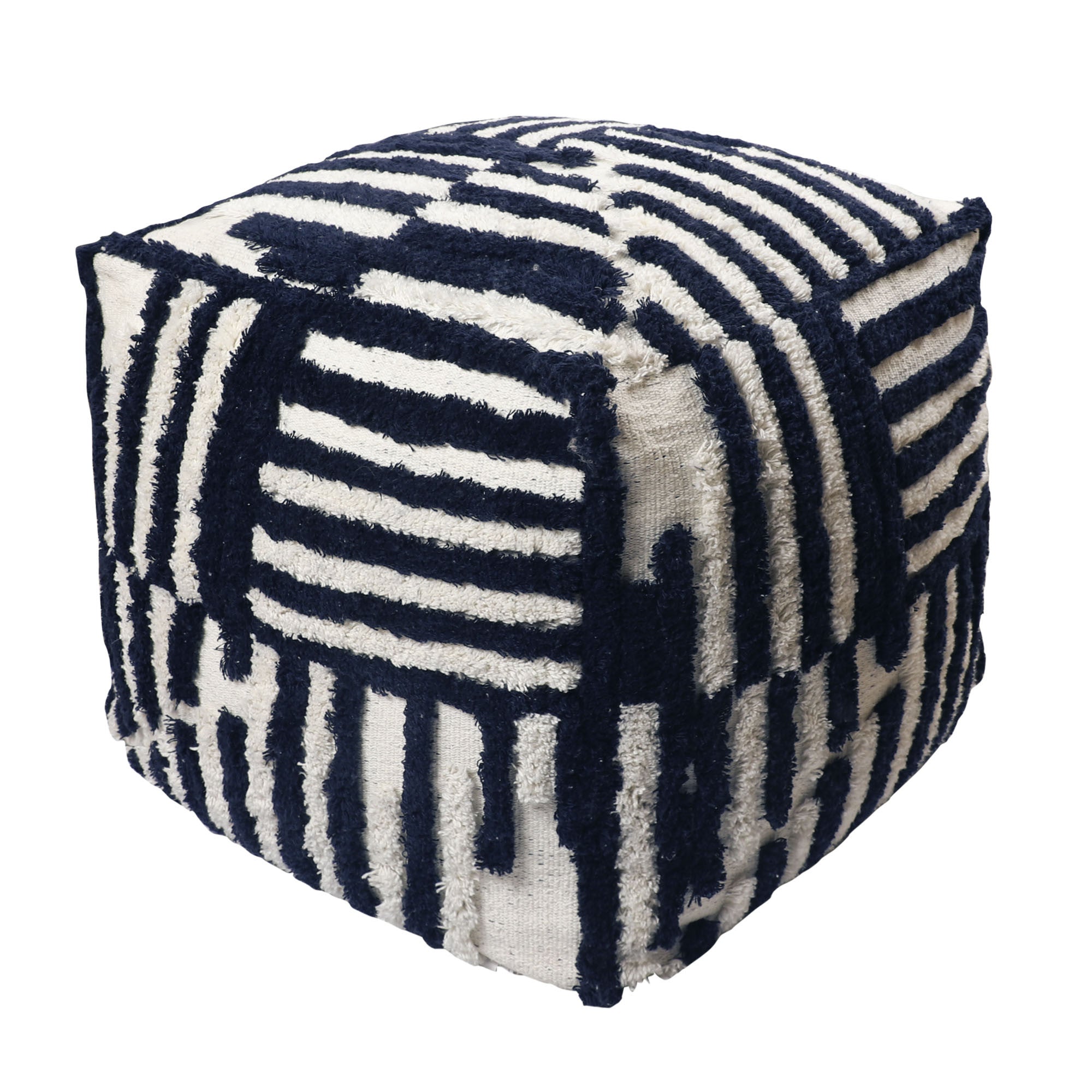 18" Blue Cotton Cube Striped Pouf Ottoman