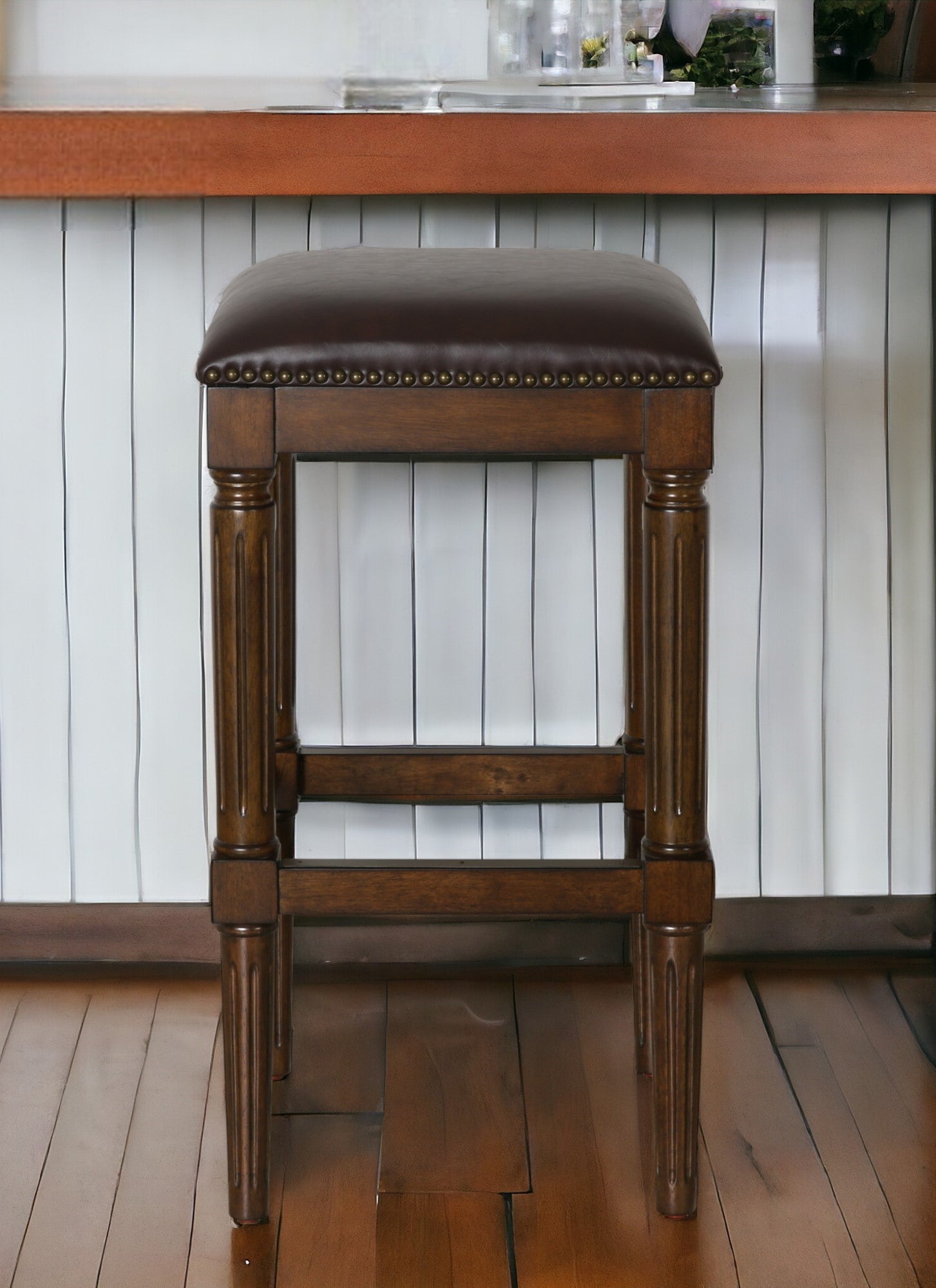 31" Brown And Dark Brown Solid Wood Backless Bar Height Bar Chair