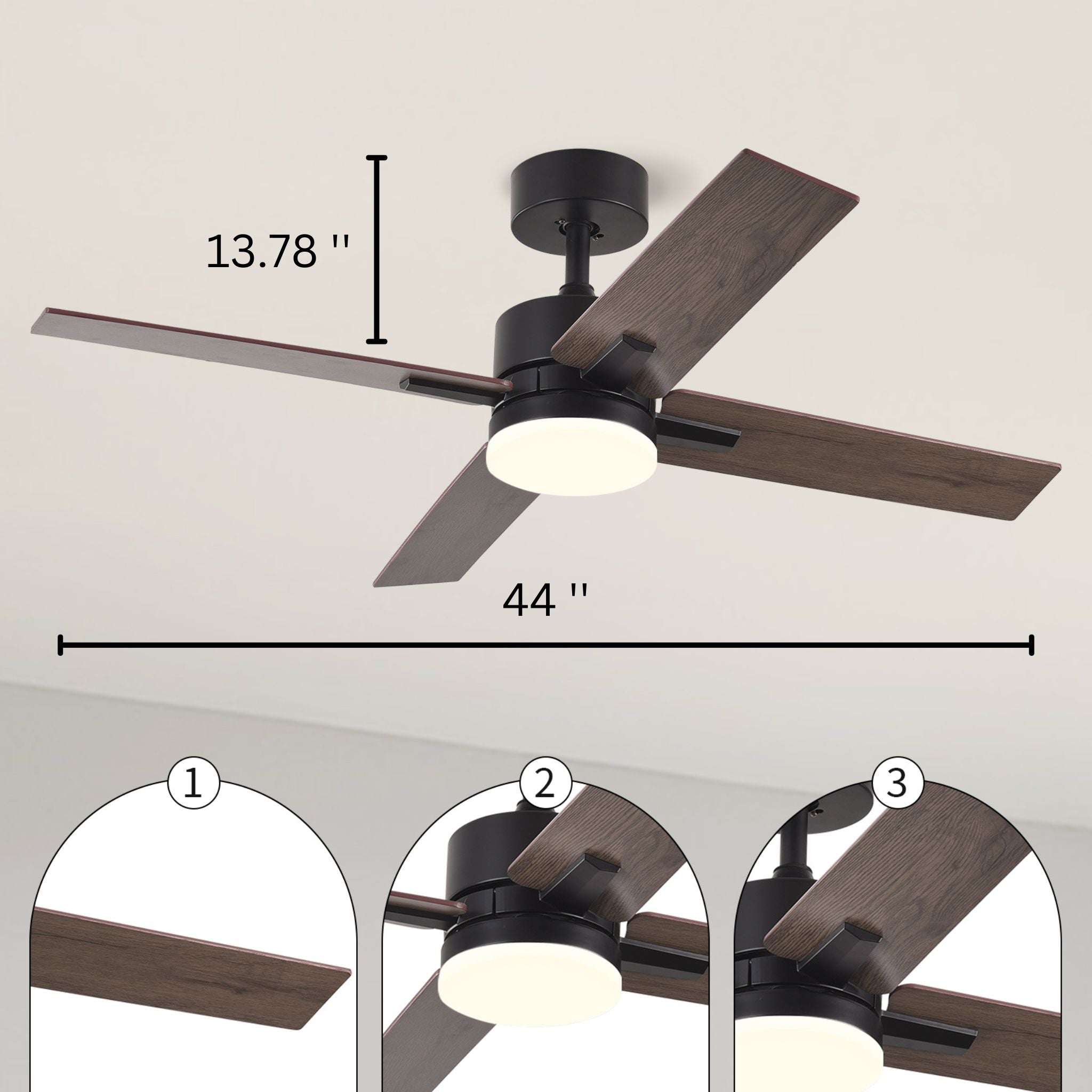 44" Black And Dark Brown Propeller Four Blade Dimmable Remote Control Integrated Light Ceiling Fan