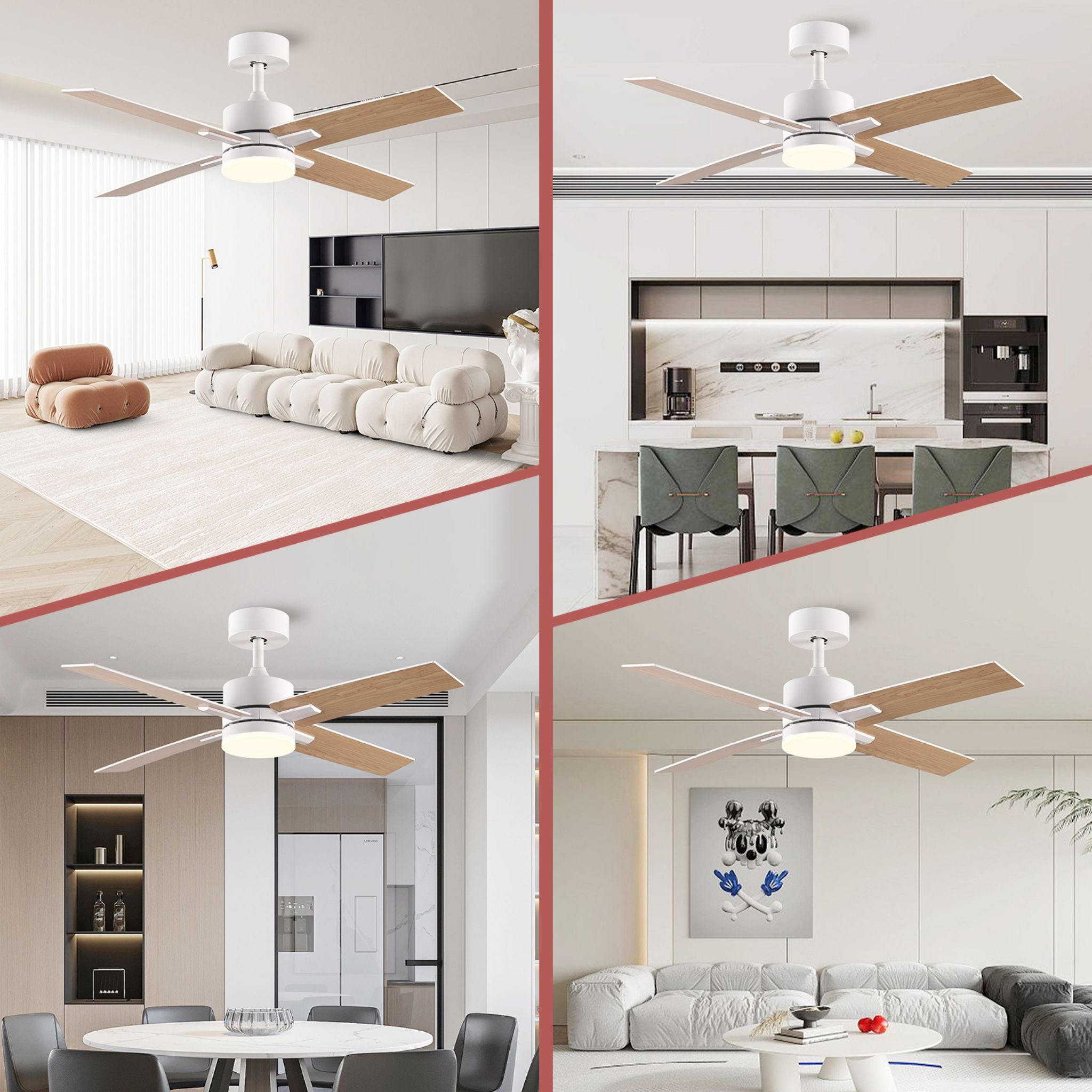 44" White And Brown and White Propeller Four Blade Dimmable Remote Control Integrated Light Ceiling Fan