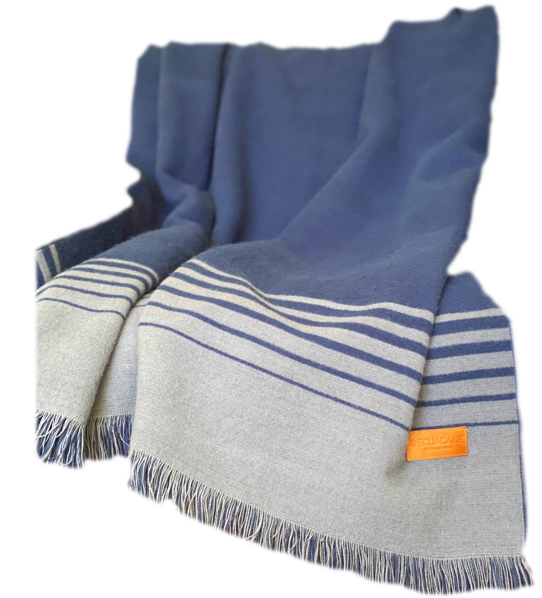 Blue and Gray Woven Microfiber Striped Throw Blanket with Fringe