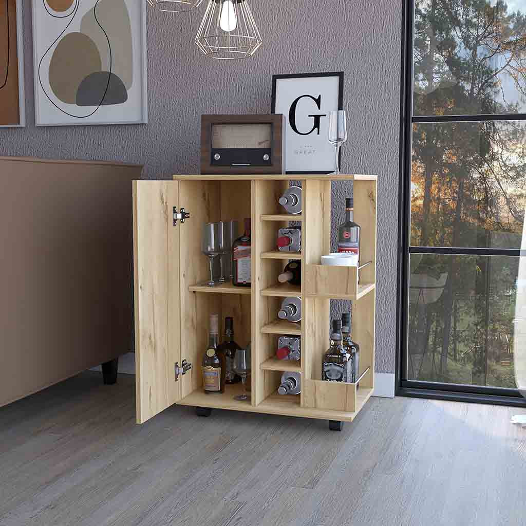 Oak Rolling Bar Cart With Wine Storage