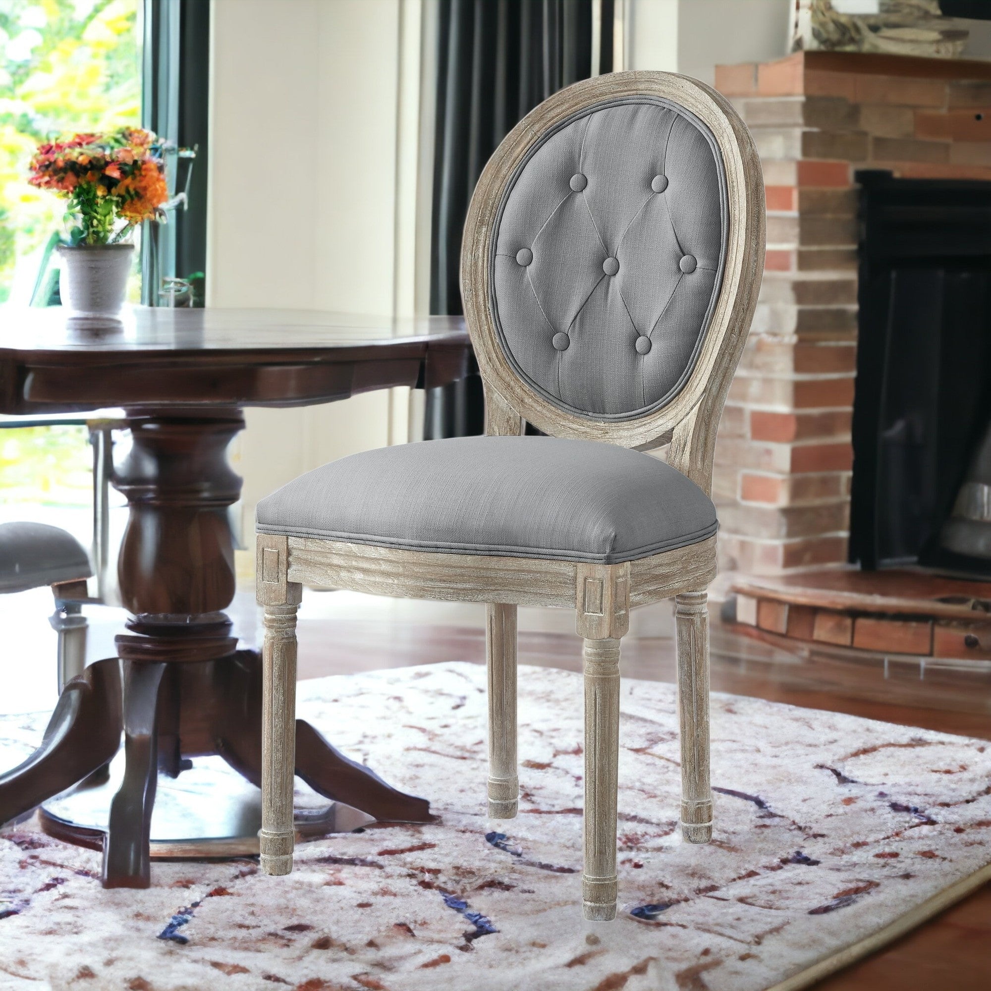 Tufted Navy Blue and Brown Upholstered Linen Dining Side Chair