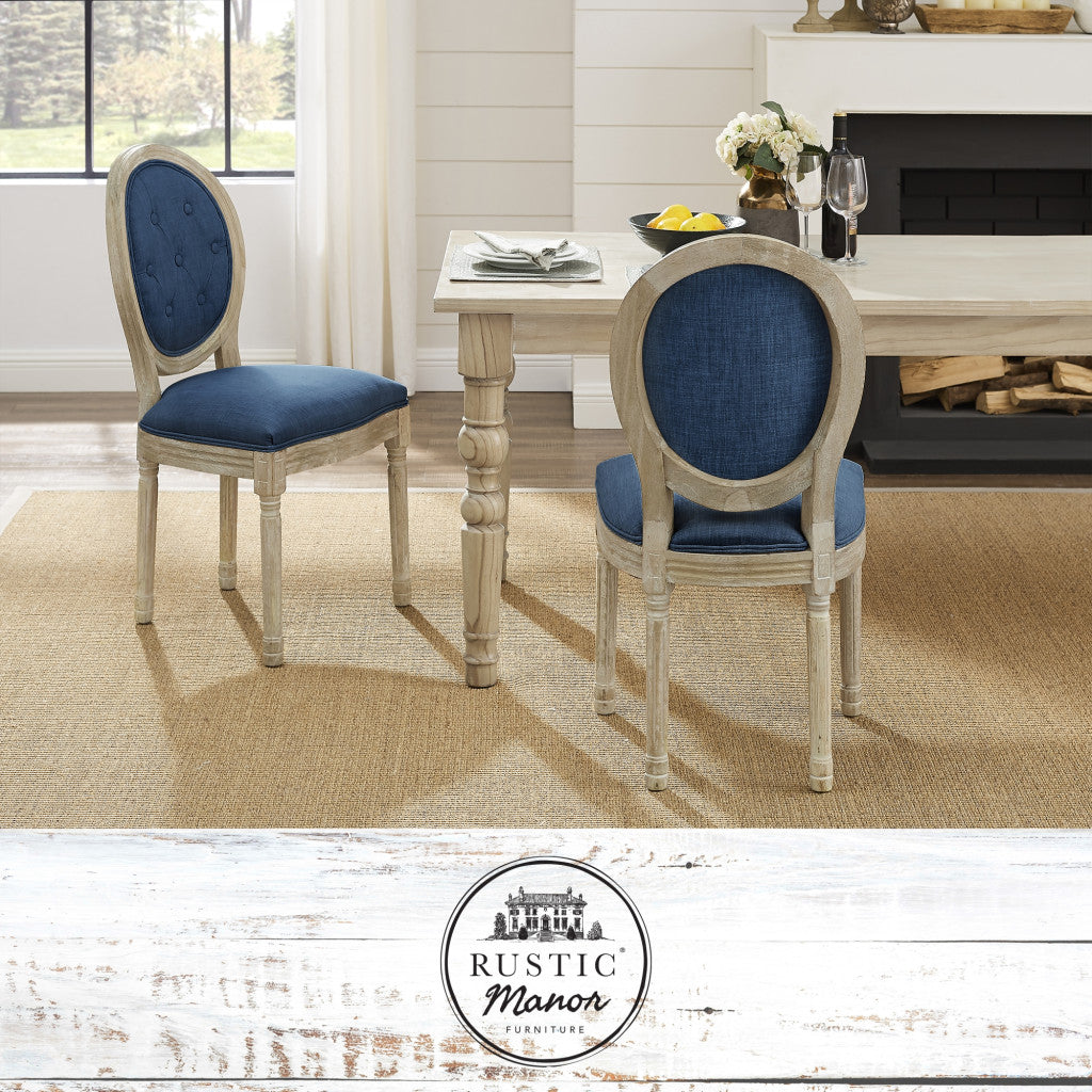 Tufted Navy Blue and Brown Upholstered Linen Dining Side Chair