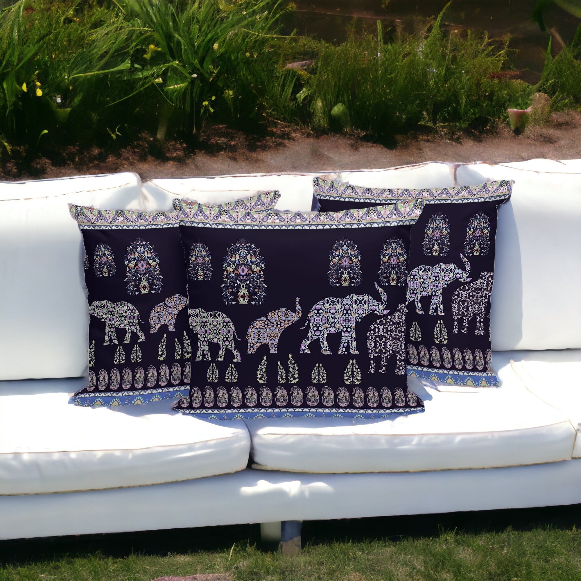 Set of Three 16" X 16" Blue and Purple Elephant Paisley Indoor Outdoor Throw Pillow