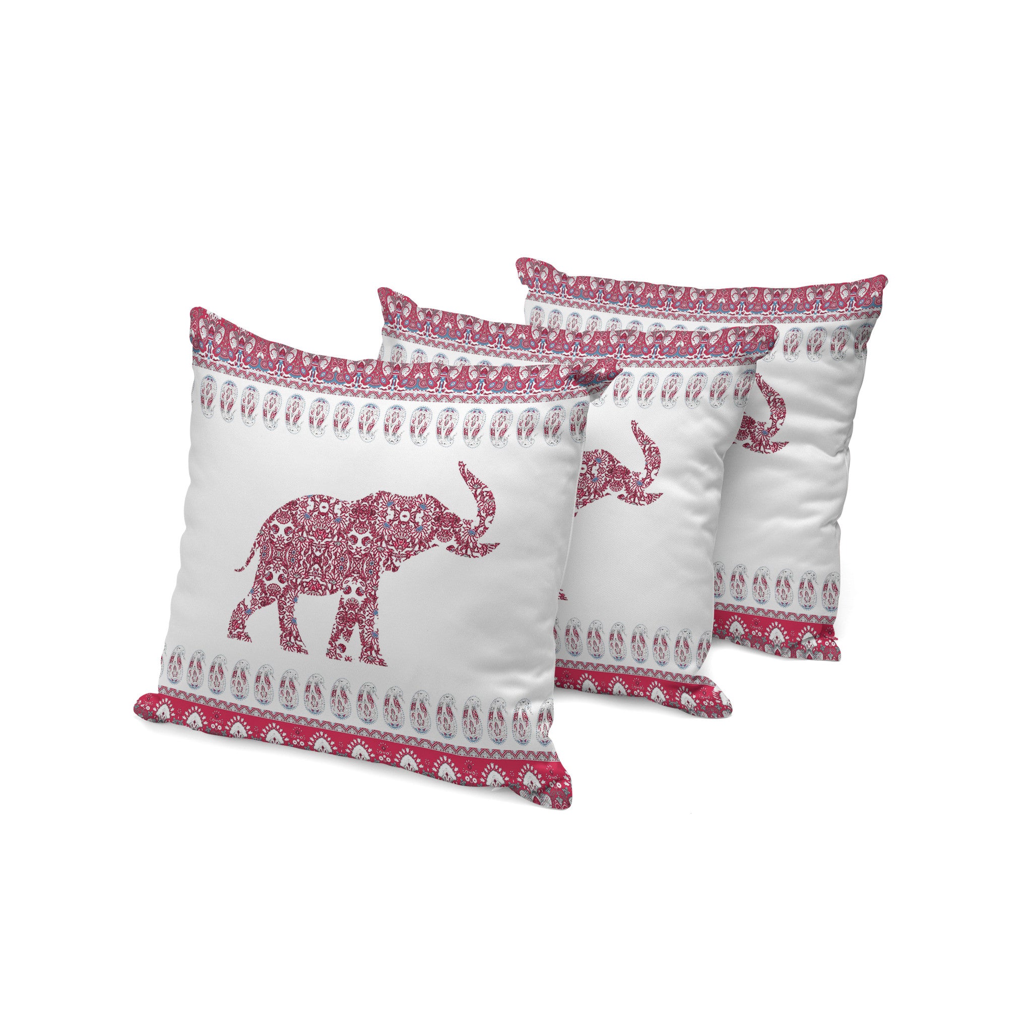 Set of Three ) Red and White Elephant Paisley Indoor Outdoor Throw Pillow with No Decorative Additions