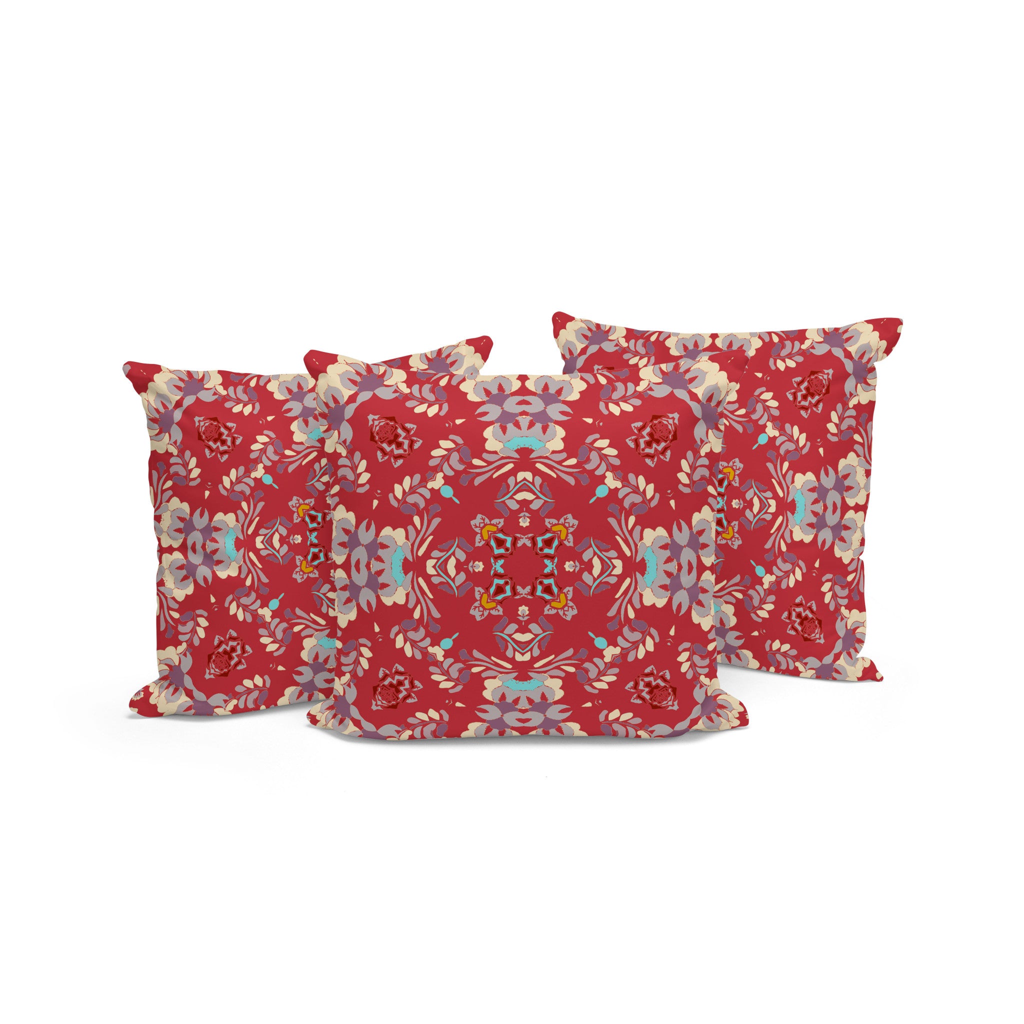 Set of Three 16" X 16" Red and Ivory Geometric Indoor Outdoor Throw Pillow