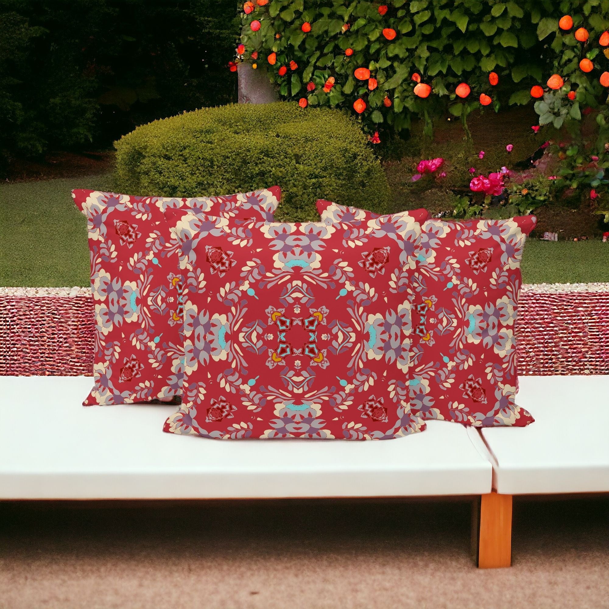 Set of Three 16" X 16" Red and Ivory Geometric Indoor Outdoor Throw Pillow