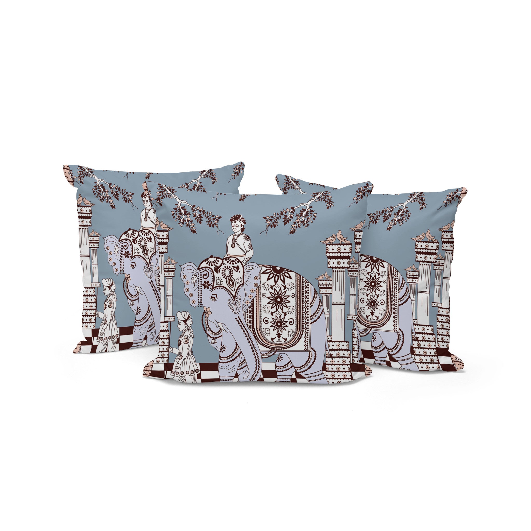 Set of Three 16" X 16" Blue and Brown Elephant Indoor Outdoor Throw Pillow