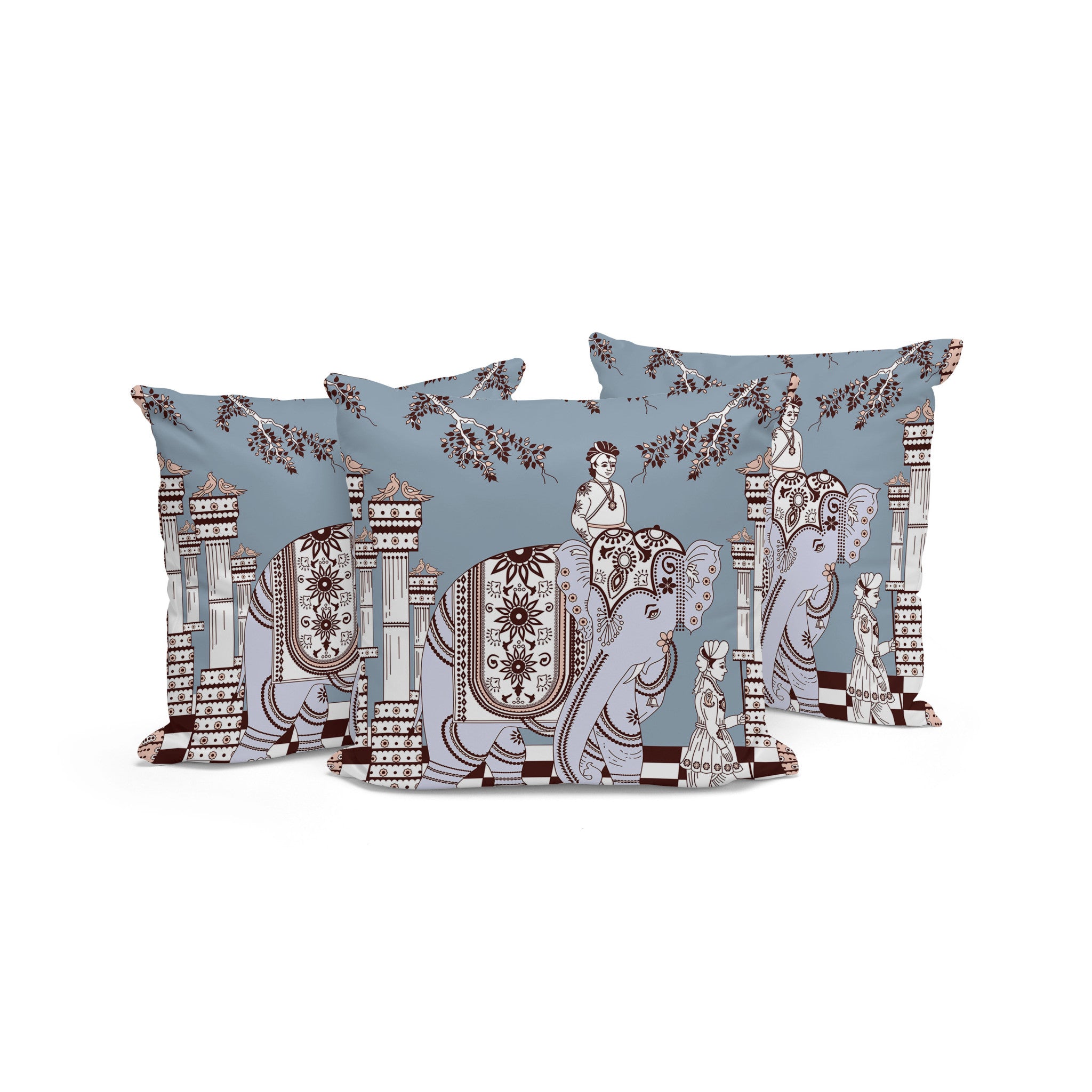 Set of Three 16" X 16" Blue and Brown Elephant Indoor Outdoor Throw Pillow