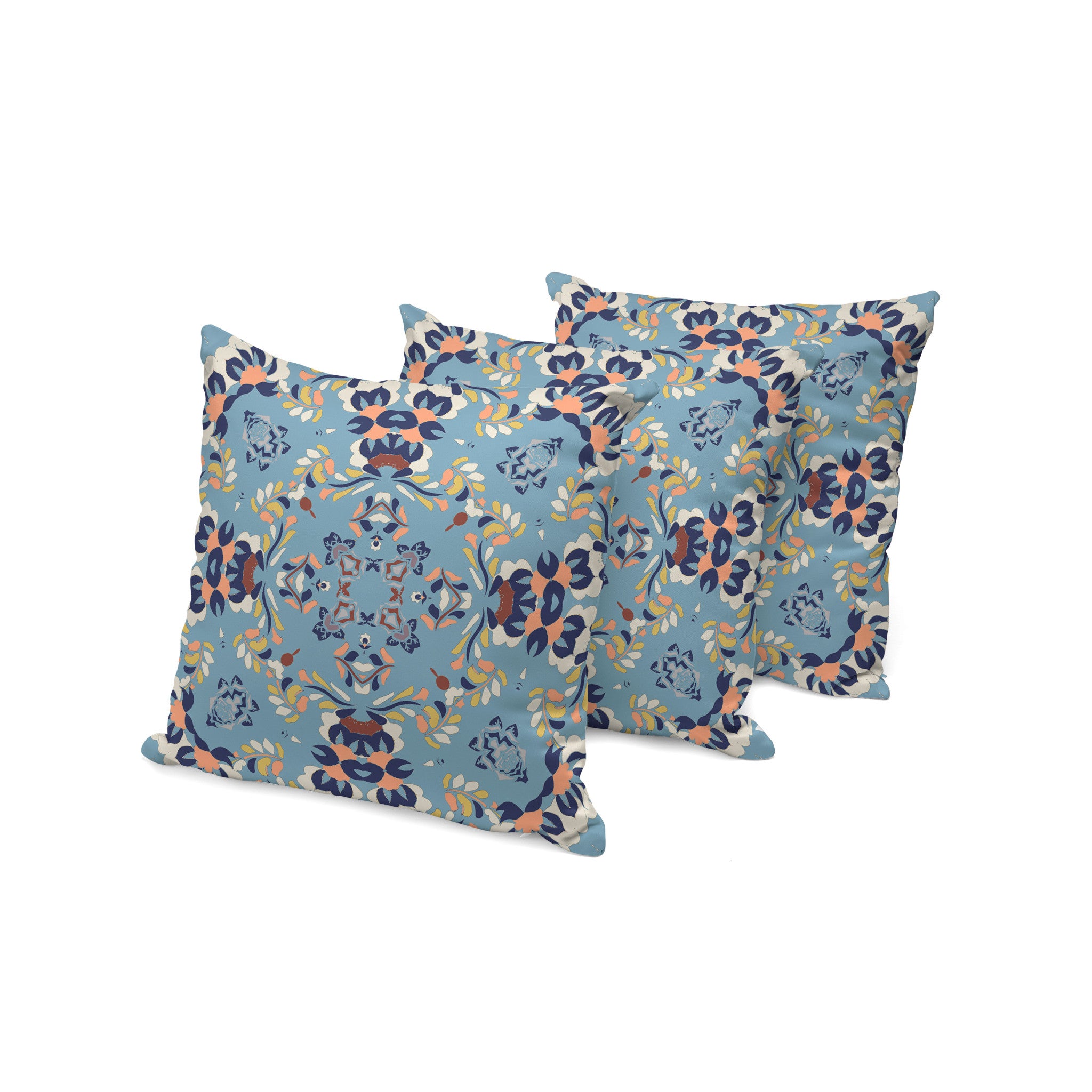 Set of Three 16" X 16" Blue and Gray Geometric Indoor Outdoor Throw Pillow