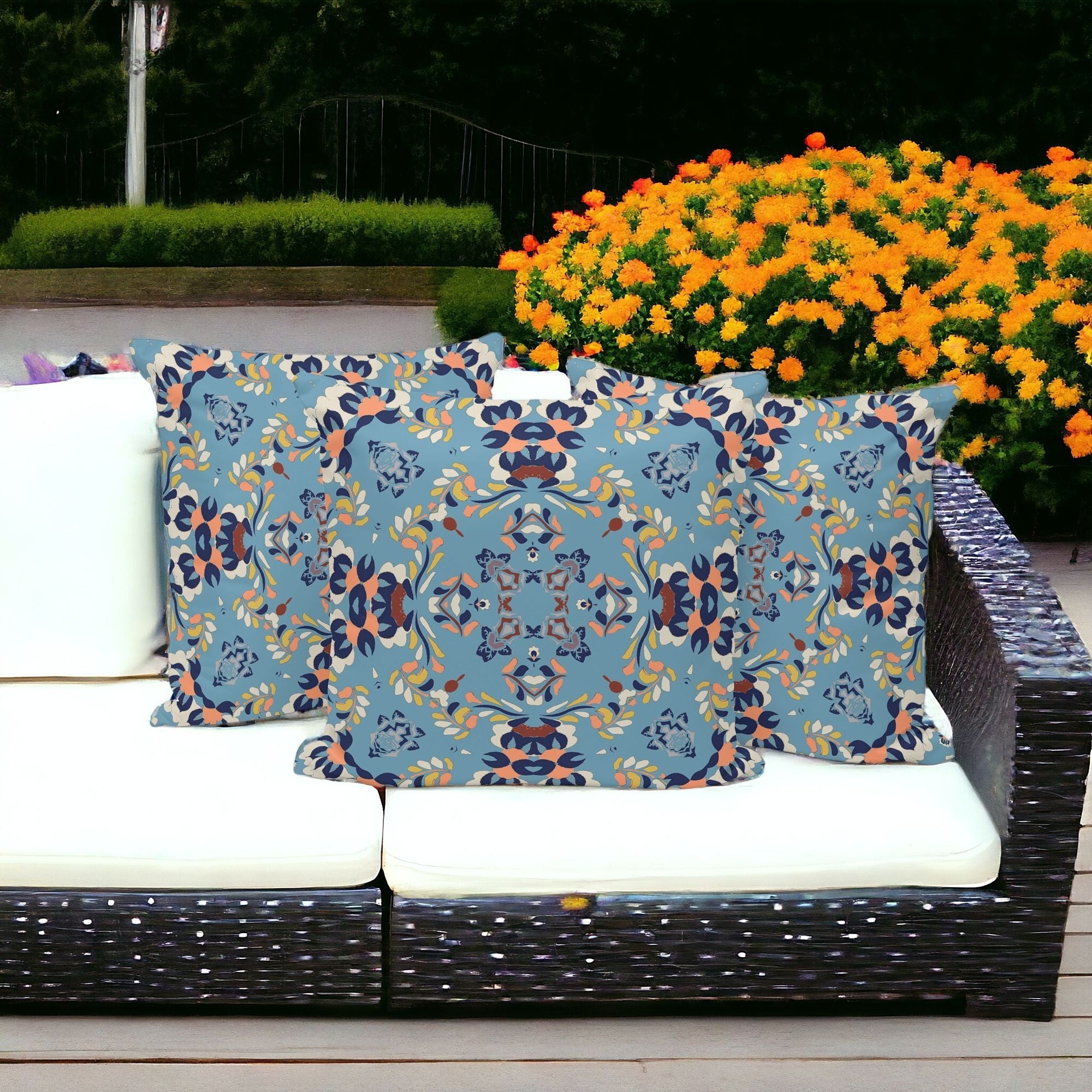 Set of Three 16" X 16" Blue and Gray Geometric Indoor Outdoor Throw Pillow